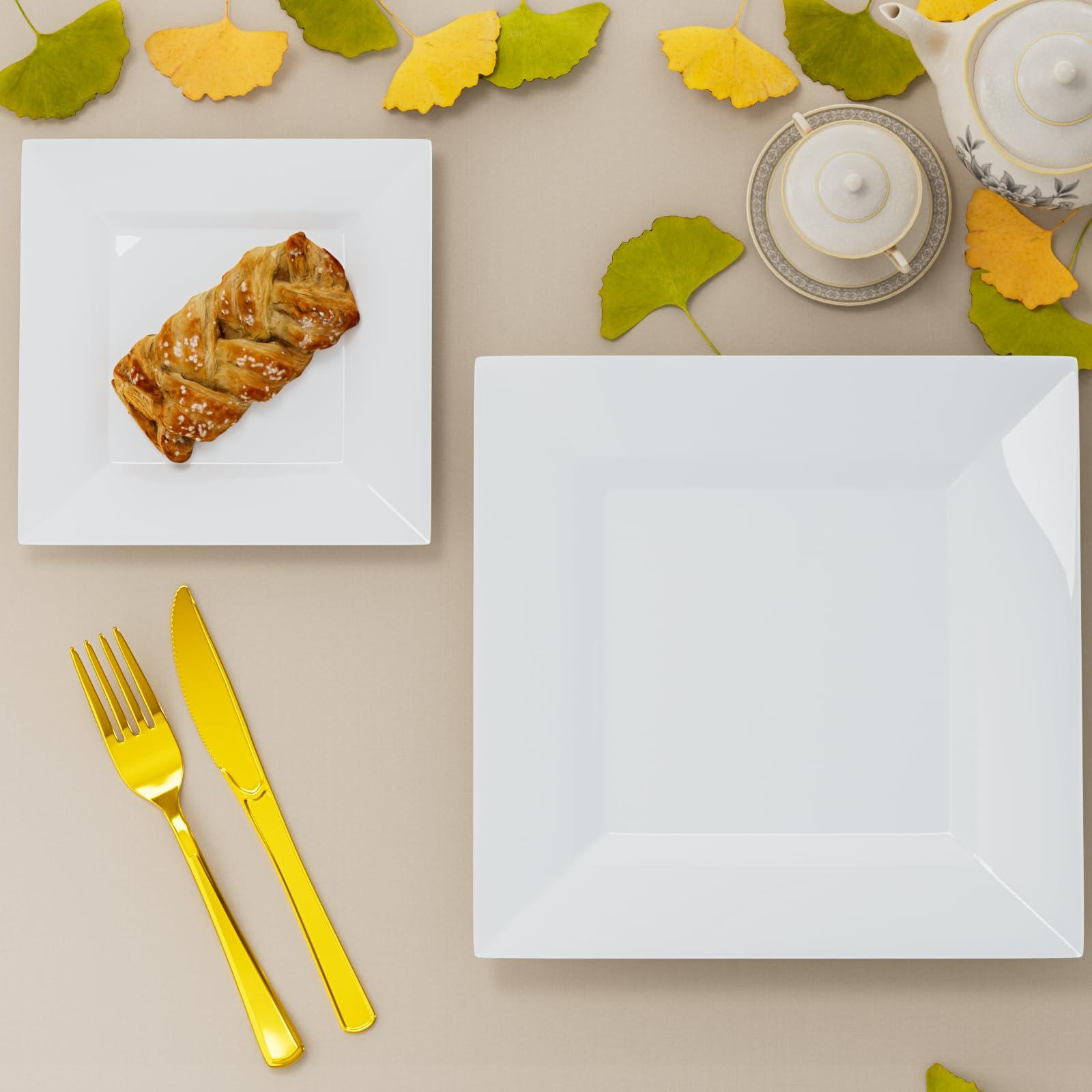Goodluck Goodluck 100 Pack Disposable Square Plastic Plates, Heavy Duty 50pcs Dinner Plates 9.5\" and 50pcs Dessert Plates 6.5\", Fancy Disposable Plates for Wedding, Holiday Party, Birthday, White