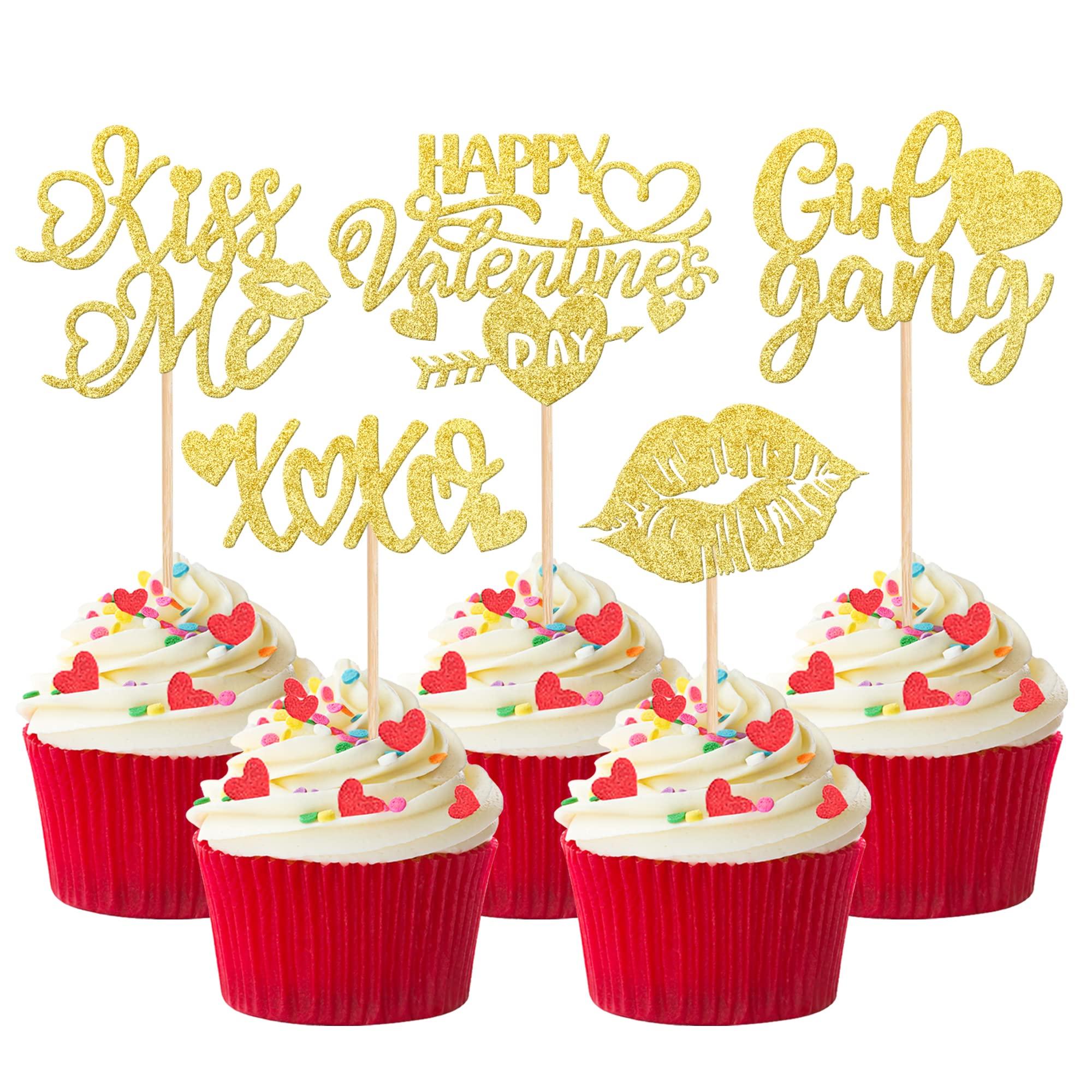 ZHUOWEISM 30 PCS Happy Valentine's Day Cupcake Toppers Glitter Lips Kiss Me Love heart Be Mine Cupcake Picks for Valentine's Day Theme Wedding Bridal Shower Birthday Party Cake Decorations Supplies Gold
