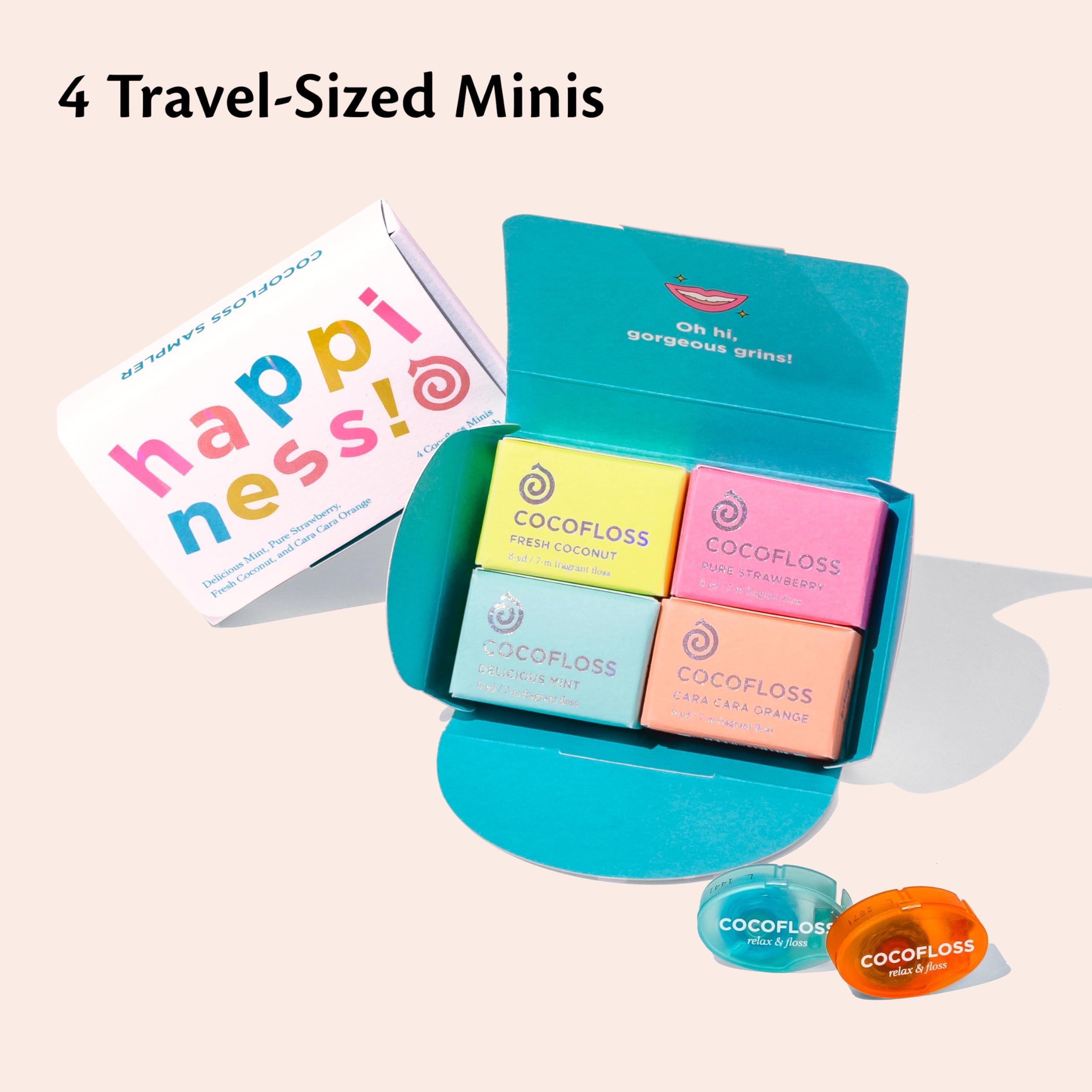 Cocofloss Cocofloss Woven Dental Floss, Travel Sampler, Dentist-Designed Oral Care with Coconut Oil, Waxed, Vegan, Kid-Friendly, 4-Pack Minis, Mint, Coconut, Orange, Strawberry (8 yd Each)