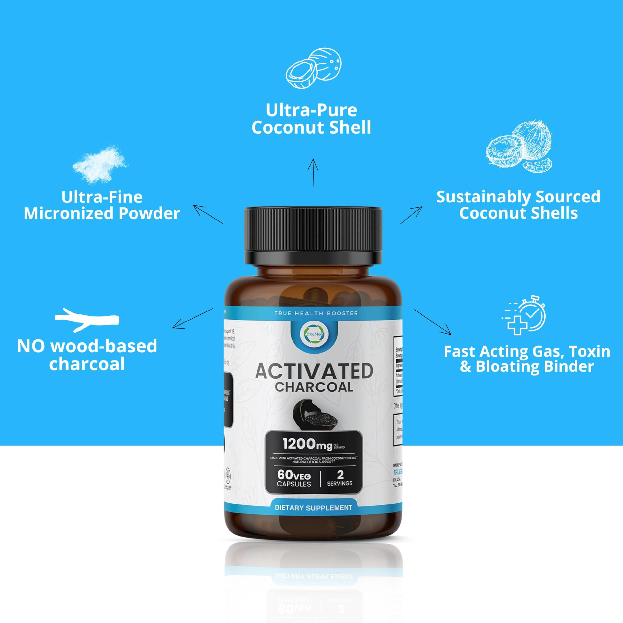 TRUEMED TRUEMED Activated Charcoal Organic Coconut Shell Derived Charcoal Capsule,1200mg, 60 Capsules, Support Detox & Digestive Health, Activated Charcoal Capsules for Health-Conscious Individuals