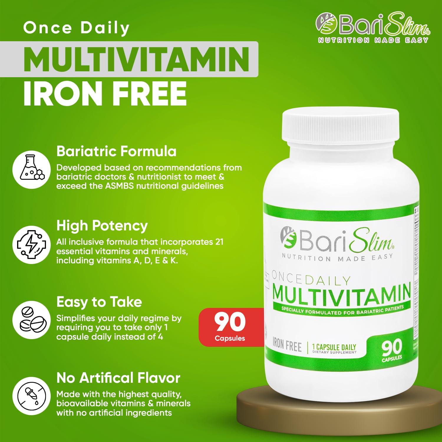 BariSlim BariSlim Once Daily Bariatric Multivitamin Capsule - Iron-Free Formula - Bariatric Vitamin and Supplement for Post Bariatric Surgery, Including Gastric Bypass and Gastric Sleeve | 90-Day Supply