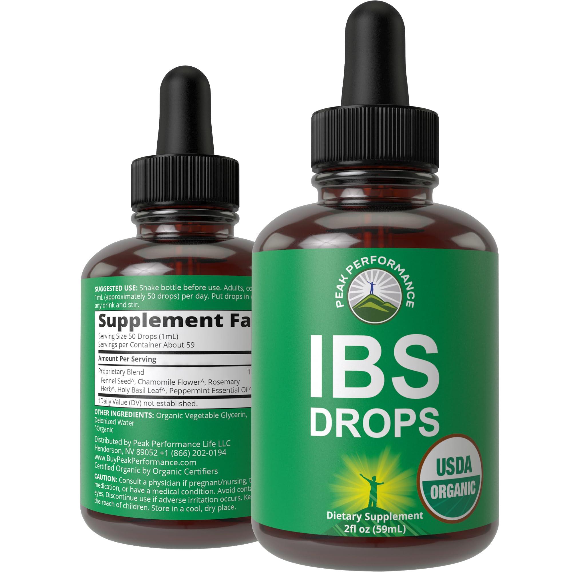 Peak Performance USDA Organic IBS Relief 5-In-1 Liquid Drops. For Ingestion, Bloating, Gas. Irritable Bowel Supplement With 5 Organic Ingredients. Peppermint Oil, Fennel Seed, Chamomile Flower, Rosemary, Holy Basil