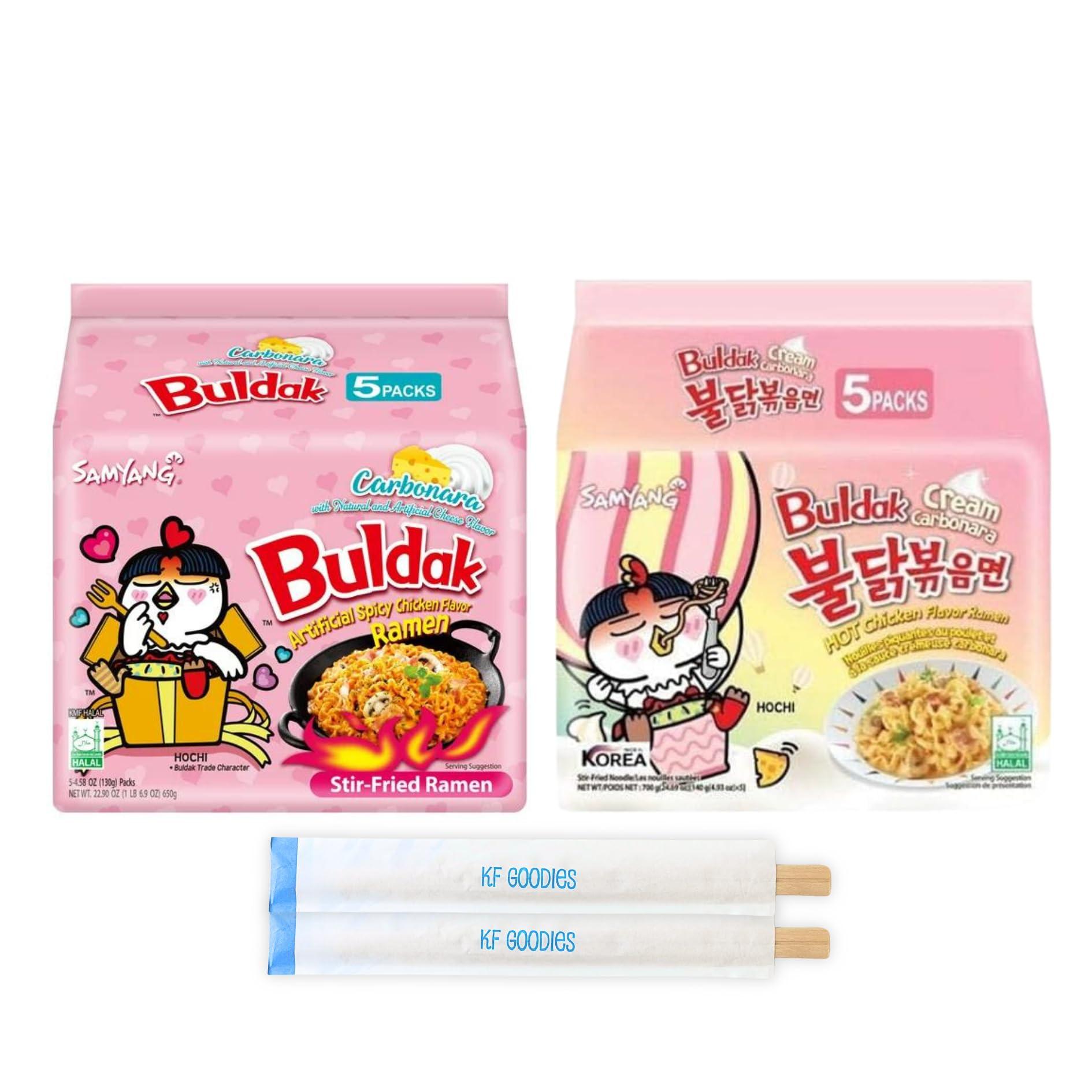 KF GOODIES Samyang Buldak Hot Spicy Chicken Ramen Noodle Korean Stir-Fried Ramen, Carbonara & Cream Carbonara Flavor (5 Pack Per Flavor - Carbonara & Cream Carbonara)