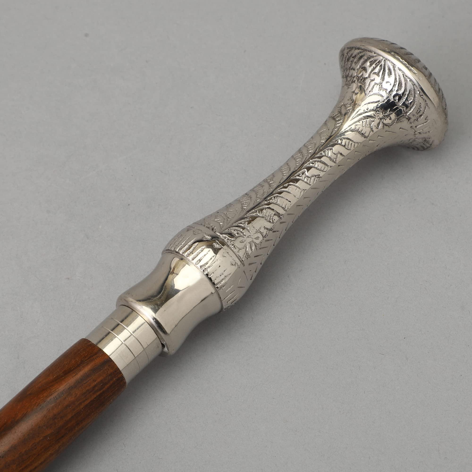 Bhartiya Handicrafts Vintage Walking Cane Wooden Walking Stick Silver Brass Handle, Premium Walking Cane for Men and Women (Long Knob)