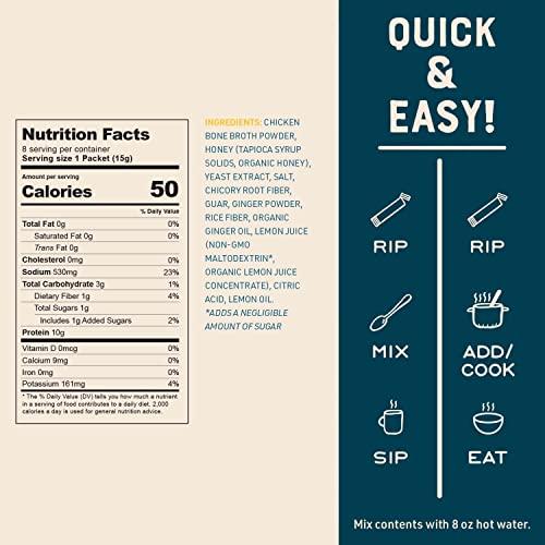 Bare Bones Bare Bones Bone Broth Instant Powdered Mix, Lemon Ginger, Pack of 8, 15g Sticks, 10g Protein, Keto & Paleo Friendly Bone Broth Packets