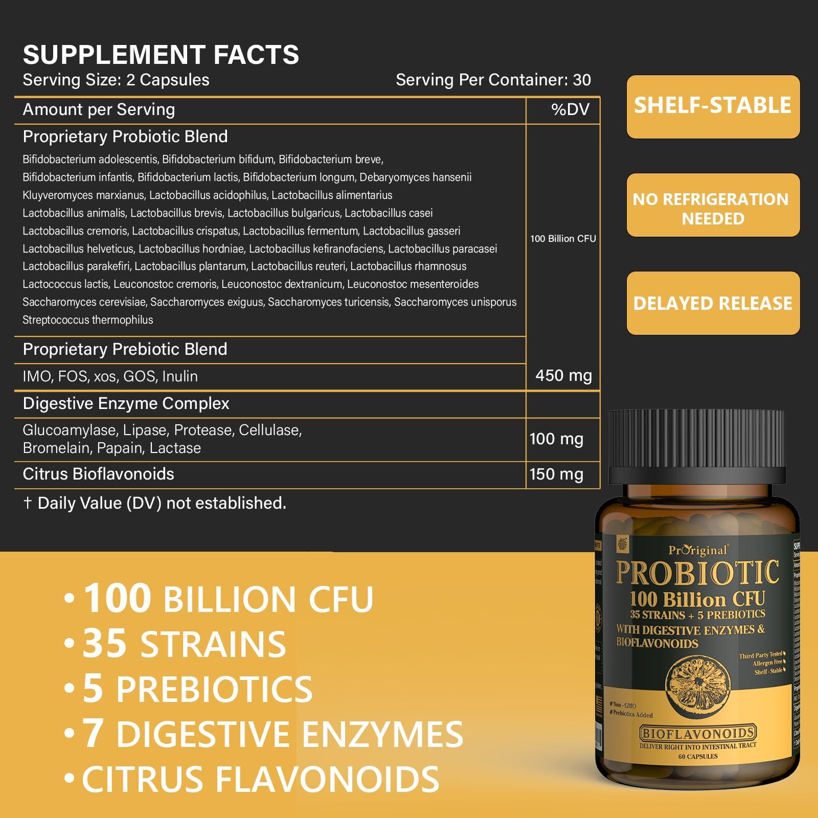 Proriginal Probiotics with Prebiotics for Men and Women - 35 Strains Organic Probiotic 100 Billion CFU for Gut & Digestive Health, Vegan Acidophilus Probiotic Supplement, Non-GMO Raw Probiotic 60 Capsules