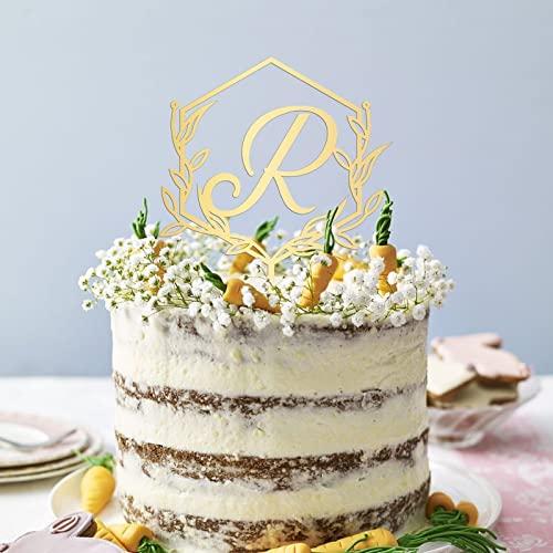 buythrow Mirror Gold Initial Letter R Wedding Cake Toppers,Floral Wreath Custom Any Initial Cake Topper,initial Letters Cake Topper, for Engagement Birthday Bridal Shower Wedding Party Decorations