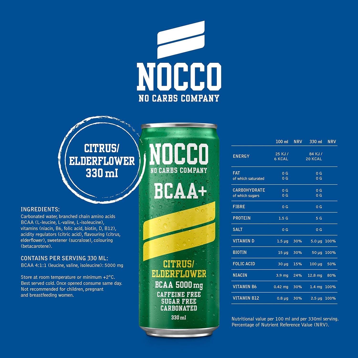 SORINA Nocco BCAA Energy Drink 330ml Caffeine Free - Citrus/Elderflower, Pack of 12