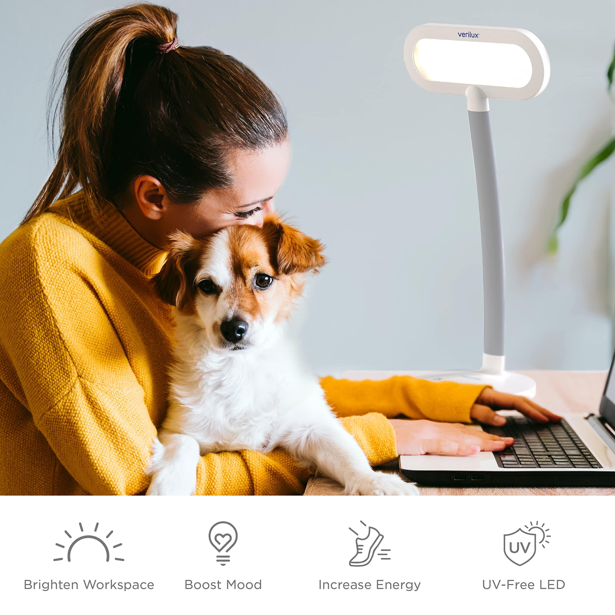 Verilux Verilux HappyLight Duo - 2-in-1 Light Therapy & Task Desk Lamp - UV-Free Full Spectrum LED, 10,000 LUX, Adjustable Brightness and Color, Flexible Gooseneck, and Integrated USB Charging Port
