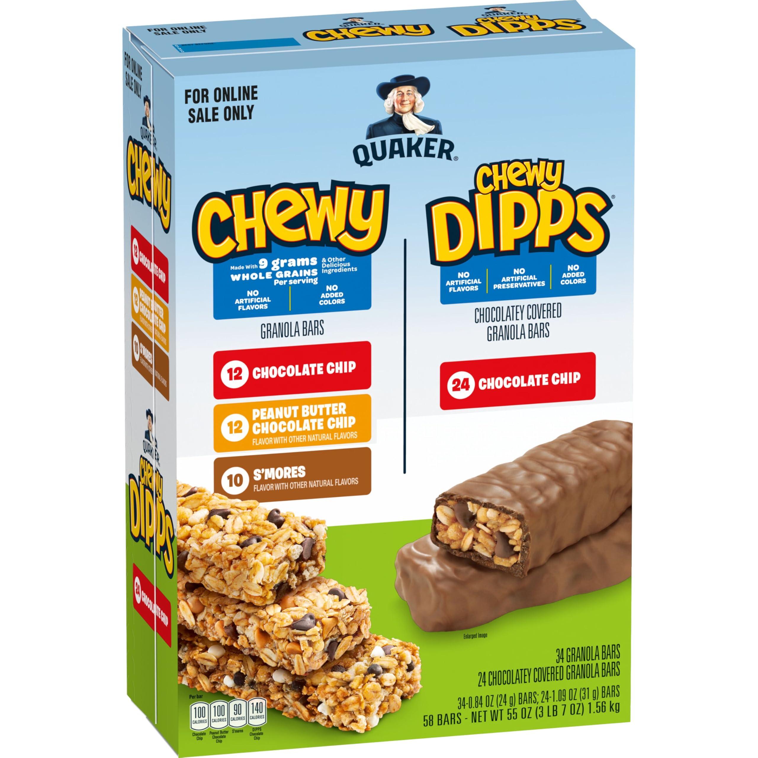 Quaker Quaker Chewy Granola Bars, Chewy & Dipps 4 Flavor Variety Pack, 58 Pack, Chocolate Chip, Peanut Butter Chocolate Chip, Smores flavors
