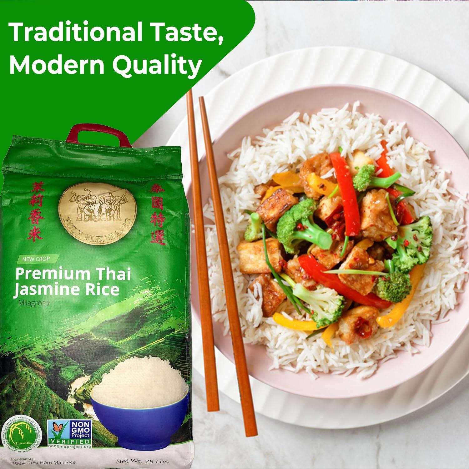 Four Elephants 25 Pounds (LBS) Premium Thai Hom Mali Jasmine Rice | Endorsed By Pro Chefs | Four Elephants Brand | DIY Friendly Cooking Instructions Packaging