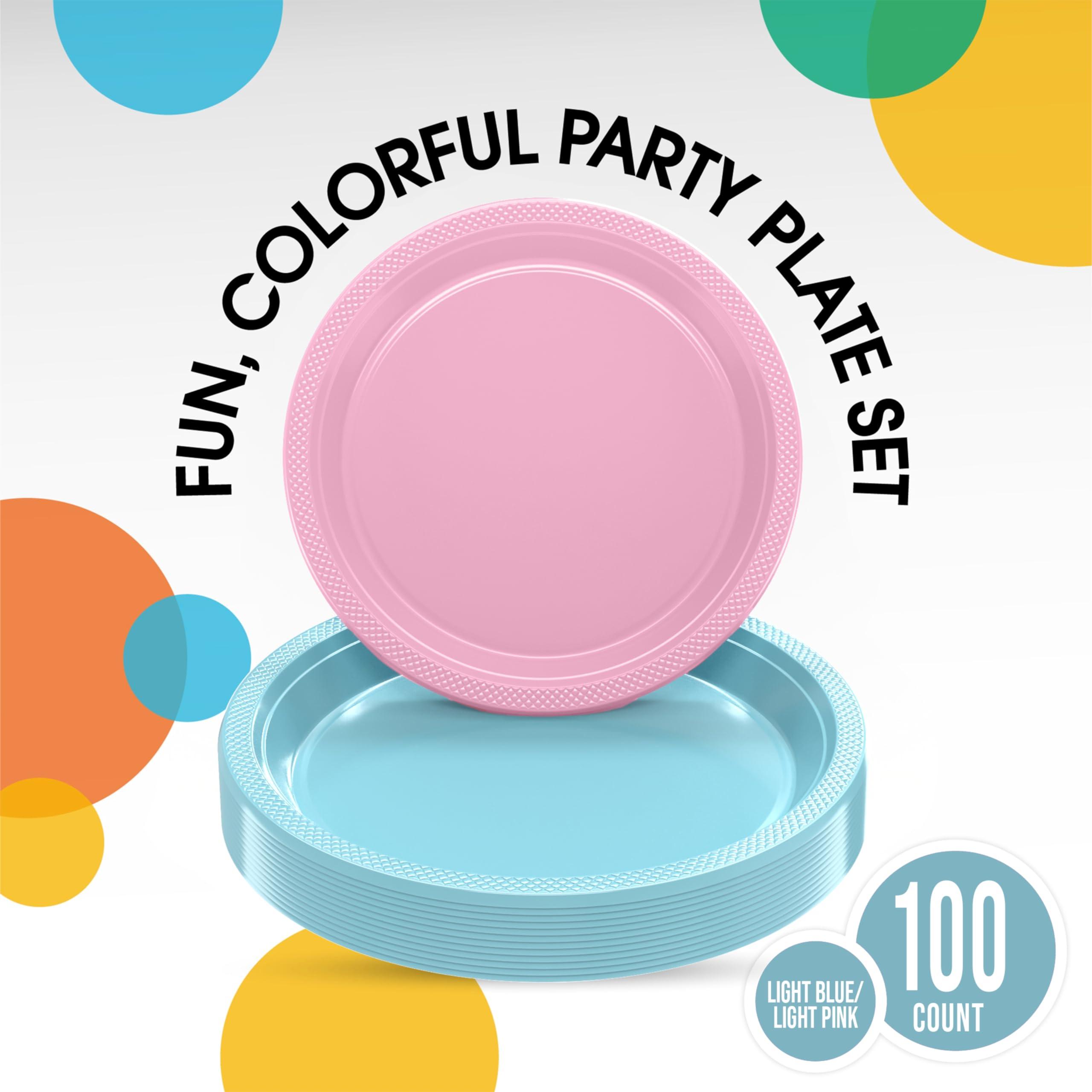 Exquisite Exquisite 9 & 7 Inch. Dinner Plate Combo 100 Pack Light Blue & Pink Plastic Plates Disposable, 50-7 Inch Dessert Plates & 50-9 Inch Dinner Plates Light Blue & Pink Plate Set Plastic Plates For Party