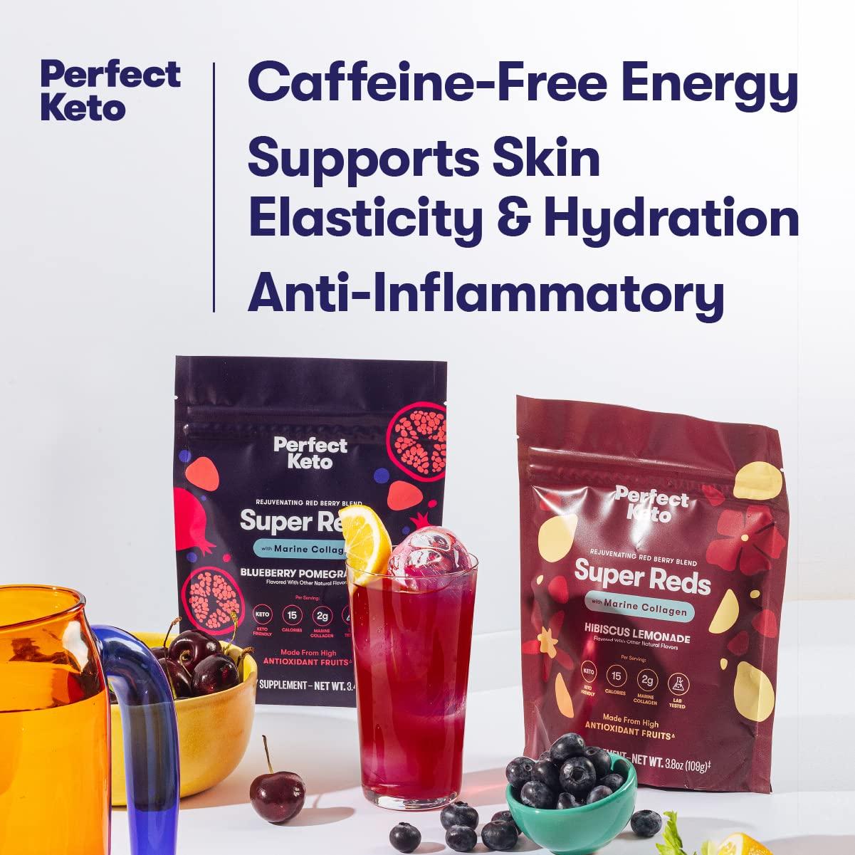 Perfect Keto Perfect Keto Super Reds Superfood Powder, Antioxidants Supplement with Fruit & Vegetable Powder, Polyphenols & Marine Collagen, Drink Mix for Skin & Energy Support, Blueberry Pomegranate, 20 Servings