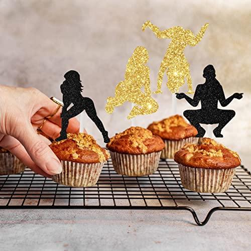Cheereveal Cheereveal 24PCS Twerk Cupcake Toppers, Black and Gold Glitter Pole Dancing Cupcake Toppers for Funny Halloween Bachelorette Adults Birthday Party Decorations