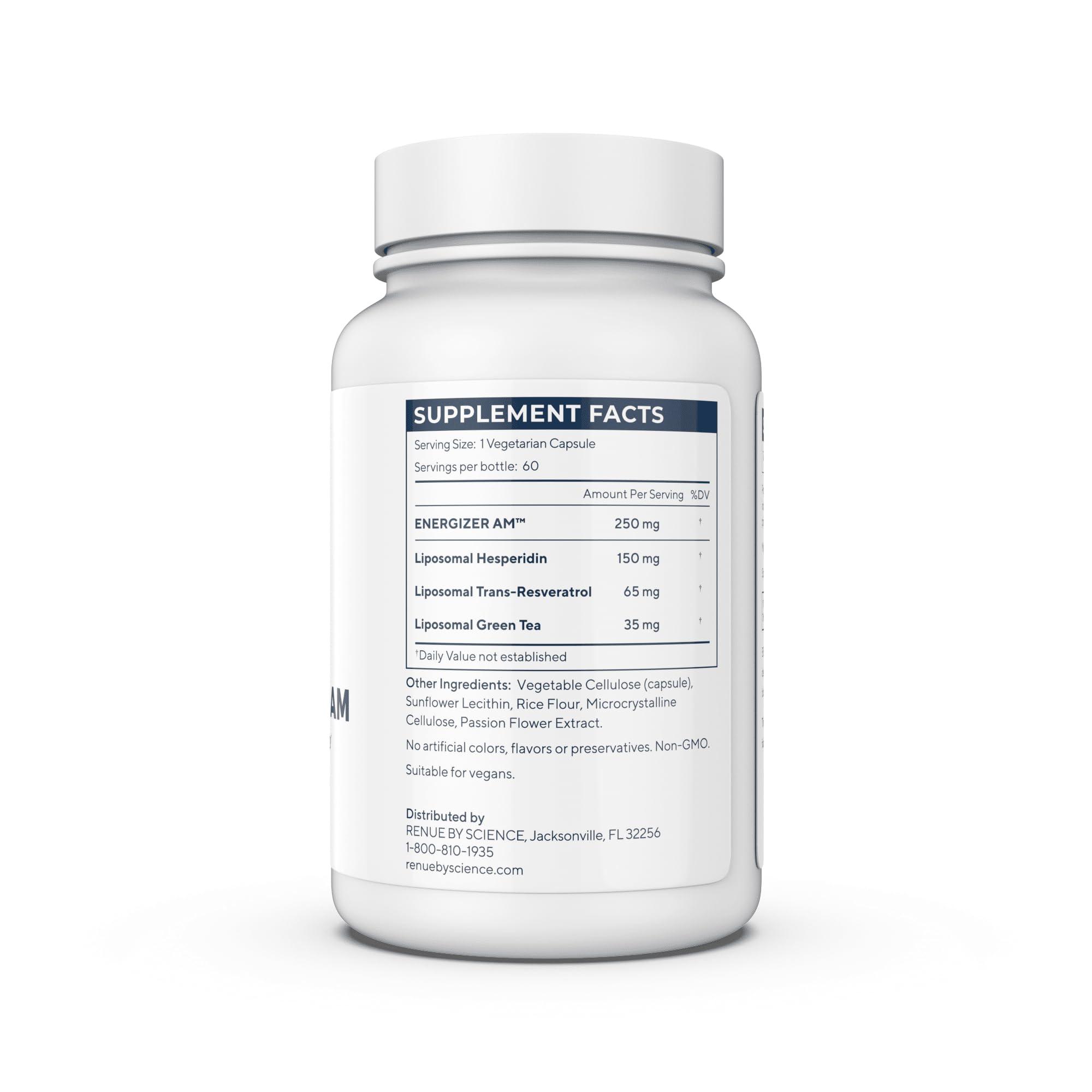 Renue By Science Renue By Science Energizer AM | Liposomal Resveratrol Hesperidin & Green Tea Supplement | 60 Capsules with Trans Resveratrol (65mg) Hesperidin (150mg) Green Tea Extract (35mg) - Non-GMO | Made in USA