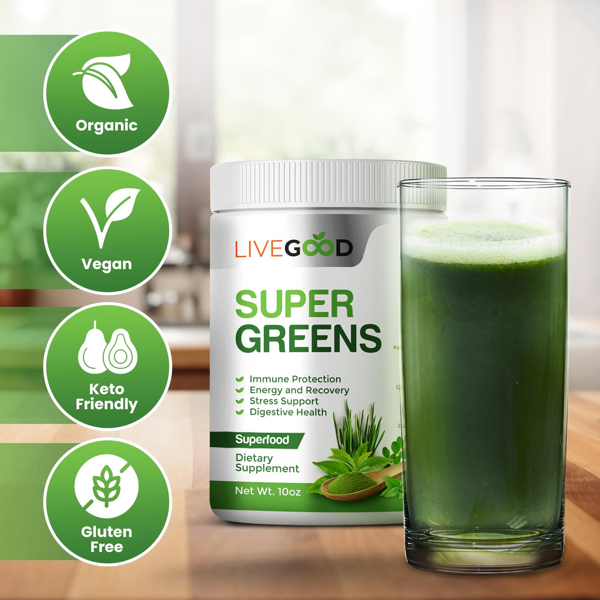 LIVEGOOD LIVEGOOD Organic Super Greens with Wheat, Barley, Oat Grass, Matcha Green Tea, Aloe Vera, Vegan, Gluten Free, 7.2 oz.