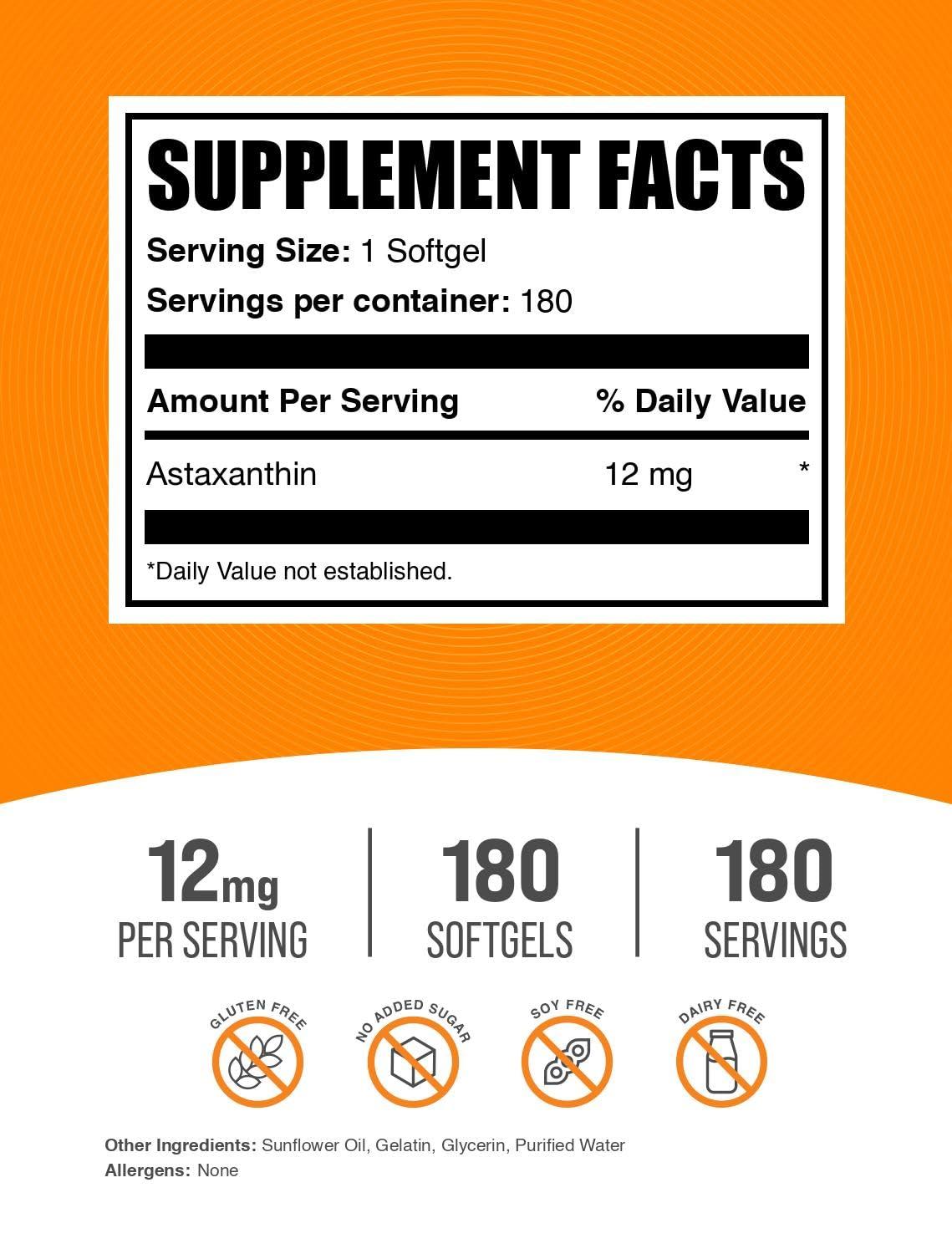 BULKSUPPLEMENTS.COM BulkSupplements.com Astaxanthin 12mg Softgels - Astaxanthin Supplements, Antioxidant Source - Gluten Free, 1 Astaxanthin Softgel per Serving, 180 Count (Pack of 1)