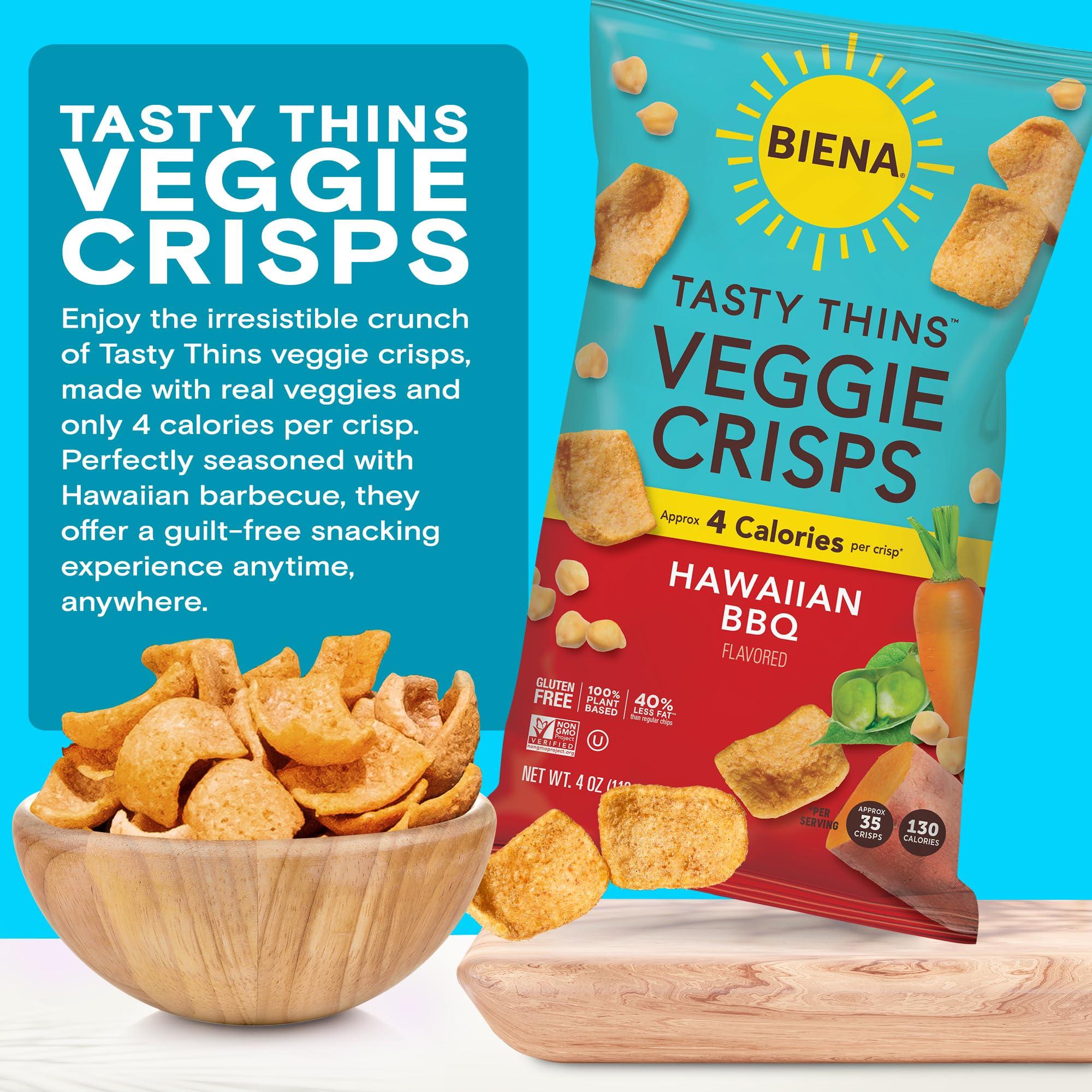 BIENA BIENA Tasty Thins Veggie Crisps - Low Calorie Veggie Chips for Adults and Kids - Individual Pack, 4 Ounce Bags - Hawaiian BBQ
