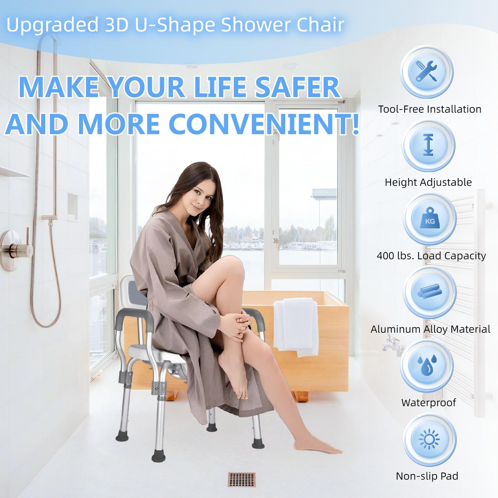 BiJun BiJun Shower Chair for Inside Shower, Upgraded U-Shape Shower Seat Heavy Duty Shower Chair with Arms and Back 400lbs Adjustable Shower Chair for Elderly and Disabled, Adults,Seniors,Pregnant,Handicap