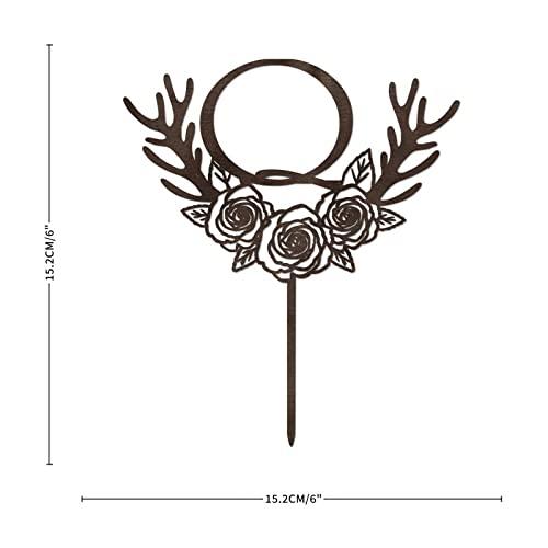 Vinisong Initials Q Cake Toppers, Vinisong Letter Cake Topper Brown Wood Wreath Cake Decorations Monogram Cake Topper Rustic Wedding Cake Decor(Q,Design 11)