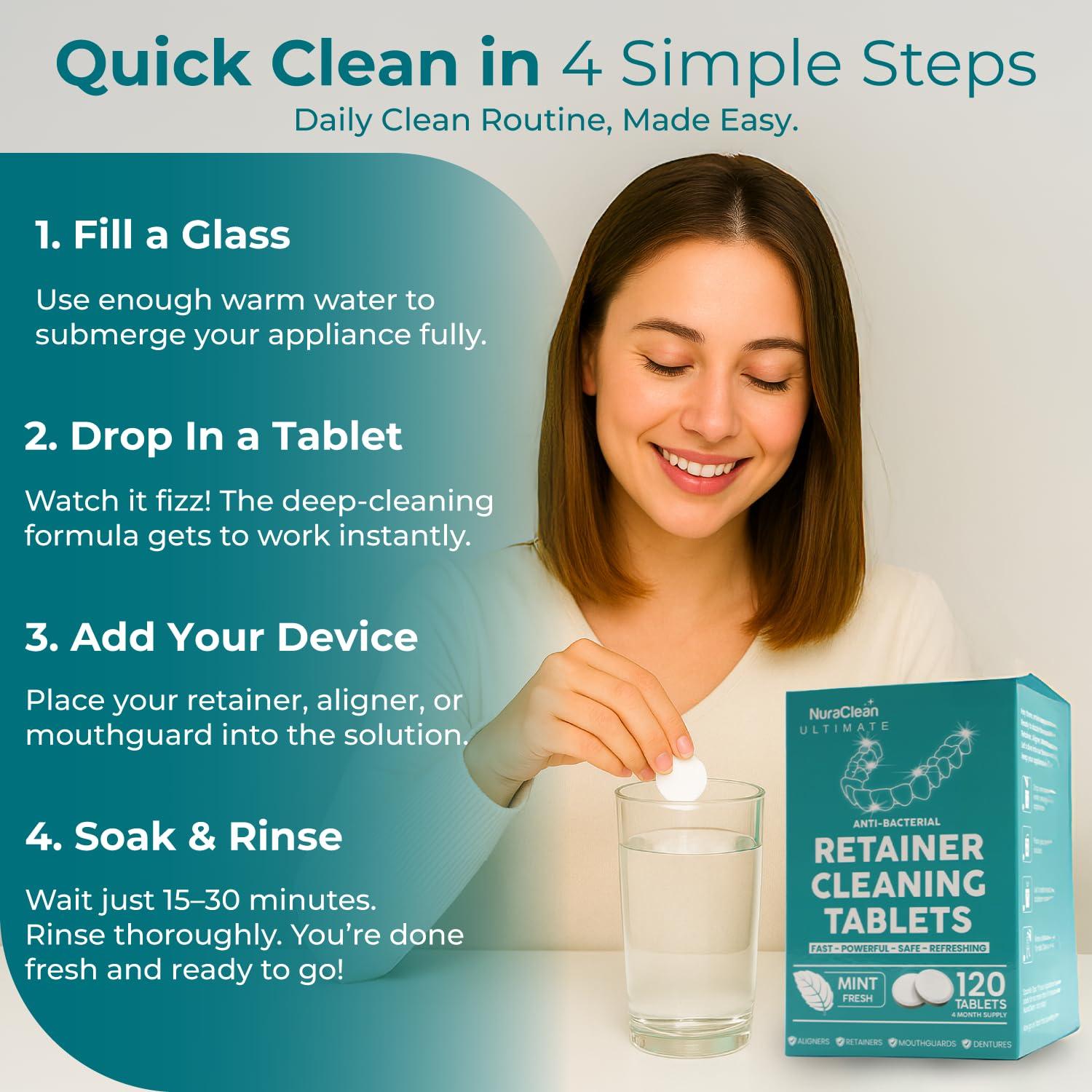 NuraClean NuraClean Ultimate Retainer Cleaner Tablets-Dental Pod, Braces Cleaner, Mouthguard Cleaning & Denture Cleaning Tablets- 120 Tablets