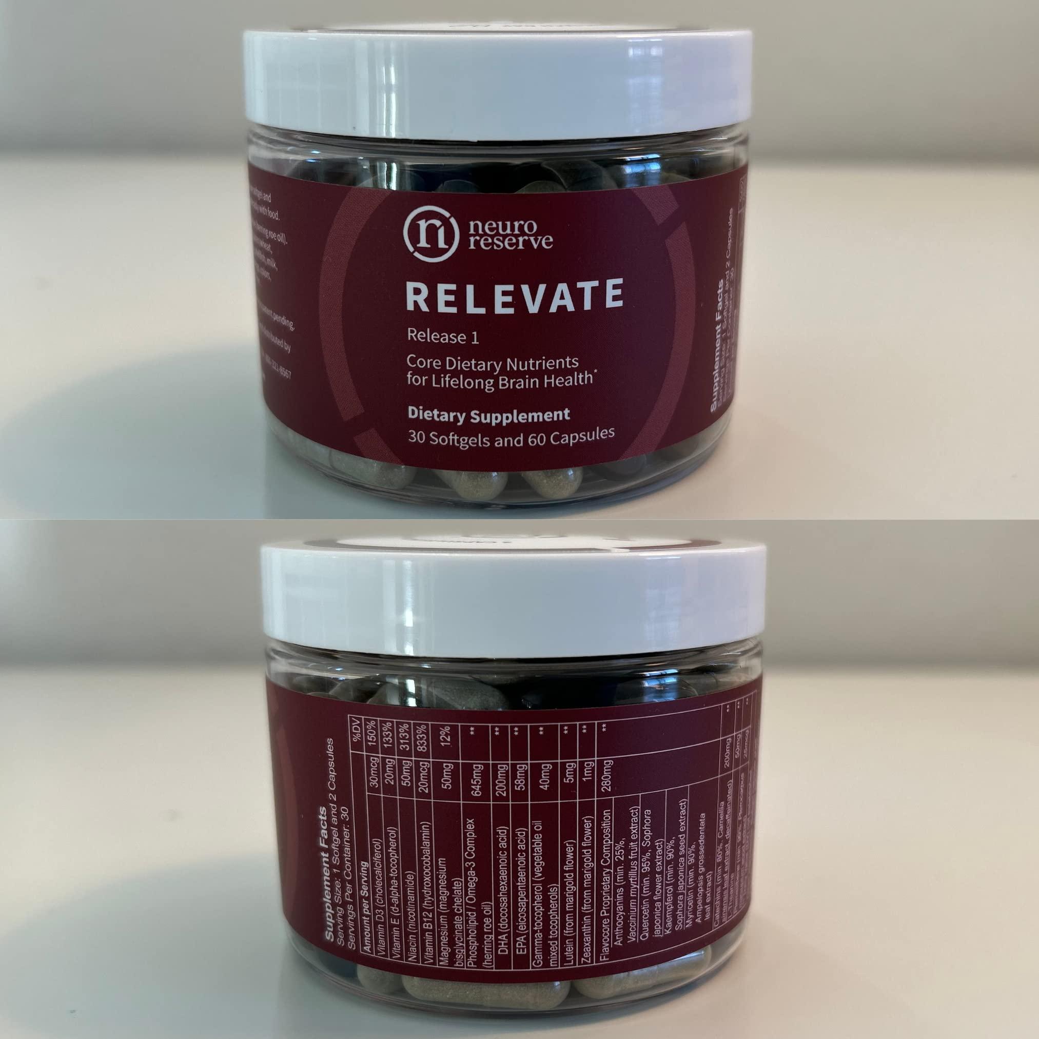 NeuroReserve RELEVATE Brain Health Supplement; Memory, Focus, Energy, Sleep, Eyes & Healthy Aging; Doctor Formulated; Quercetin, Lutein, Magnesium Glycinate, Omega 3 DHA EPA, Vitamin B12, B3, D3
