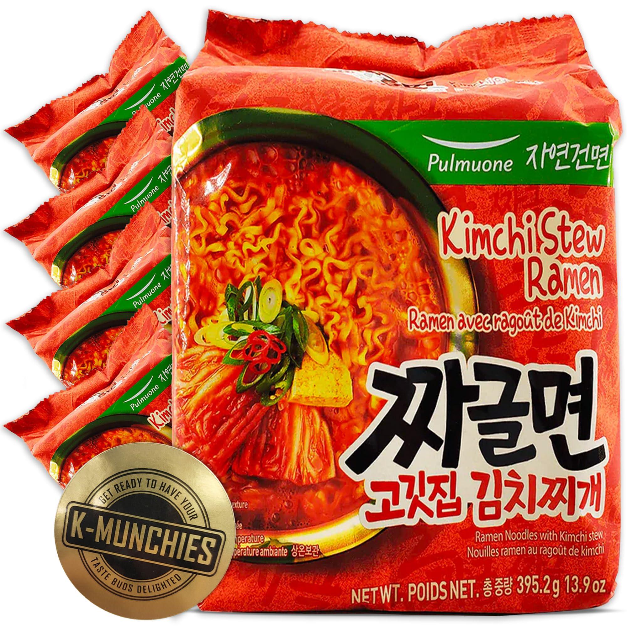 K-Munchies Pulmuone Non-Fried Ramyun Korean Noodles - 4 Pack Korean Instant Noodles Kimchi Stew Flavor - Easy to Cook Authentic Korean Ramen with Distinctly Asian Broth and Chewy Noodle