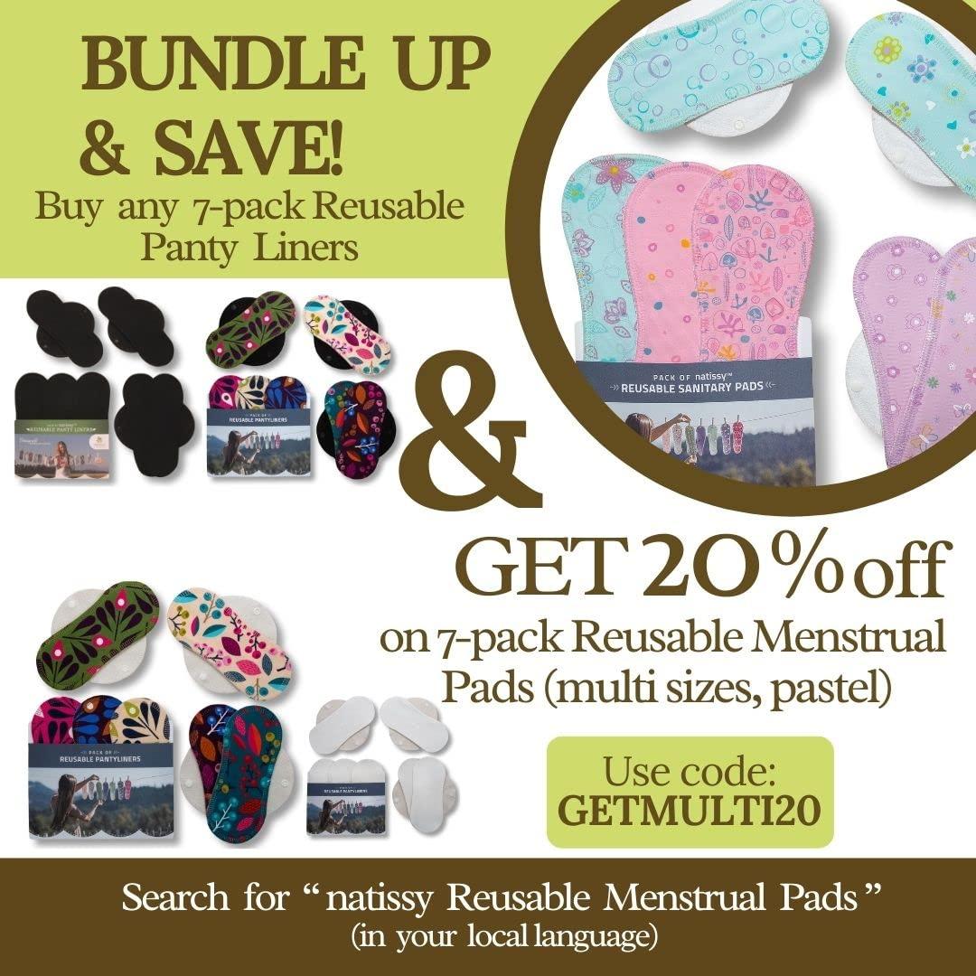 Natissy 2X 7-Pack (Small) Cloth Panty Liners; Daily Organic Cotton Reusable Panty Liners for Women Made in EU; Feminine Panty Liners Washable for Women & Teens; Thin Sanitary Reusable Liners, NOT for Period