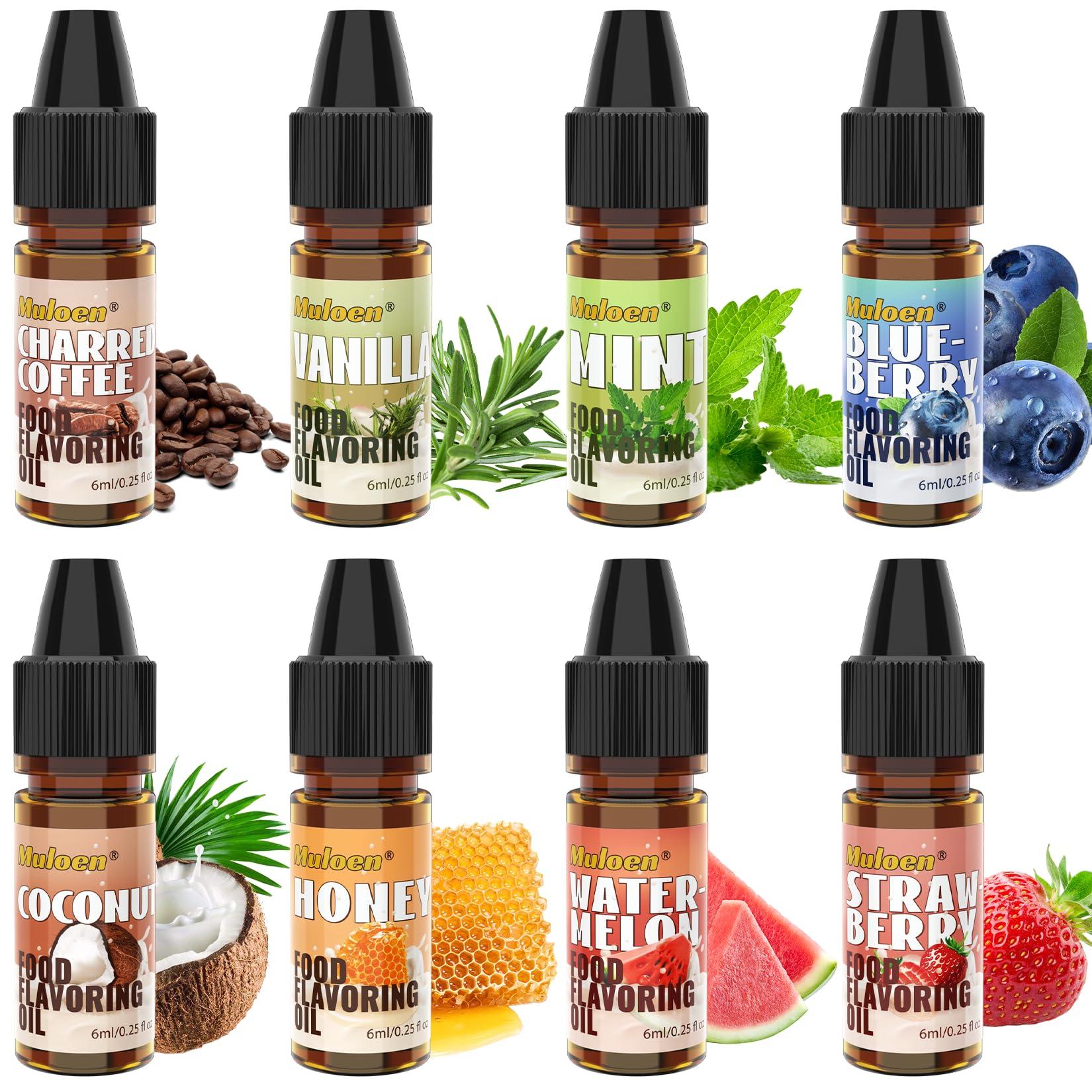 Muloen Food Flavoring Oil - Concentrated Candy Flavoring, 8 Lip Gloss Flavoring Oil, Cake Flavoring for Baking, Drinks, Cooking, Slime Making, Water & Oil Soluble - 0.25 Fl Oz