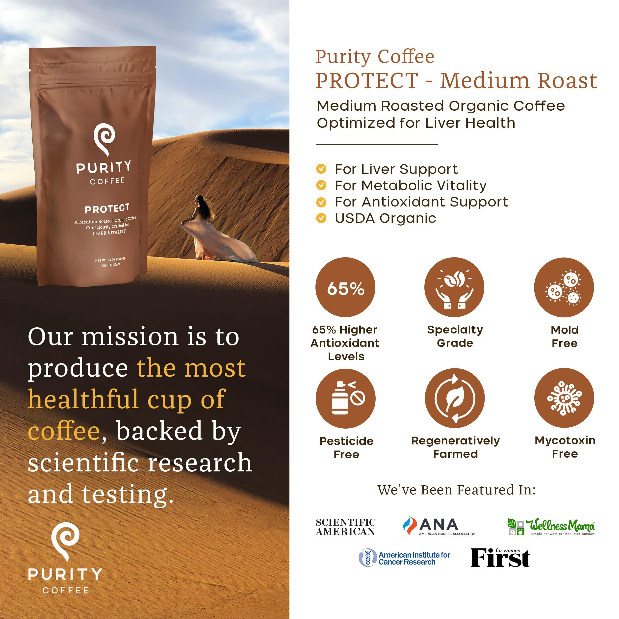 PURITY COFFEE Purity Coffee PROTECT Highest Antioxidant Light-Medium Roast - USDA Certified Organic Specialty Grade Arabica Whole Bean Coffee - Third Party Tested for Mold, Mycotoxins, Pesticides - 12 oz Bag