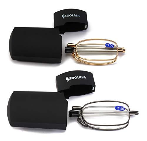 SOOLALA SOOLALA Metal Aolly Frame Folding Magnifying Compact Reading Glasses Reader w/Case (2 Pair/Gold + Gun, 2.75)