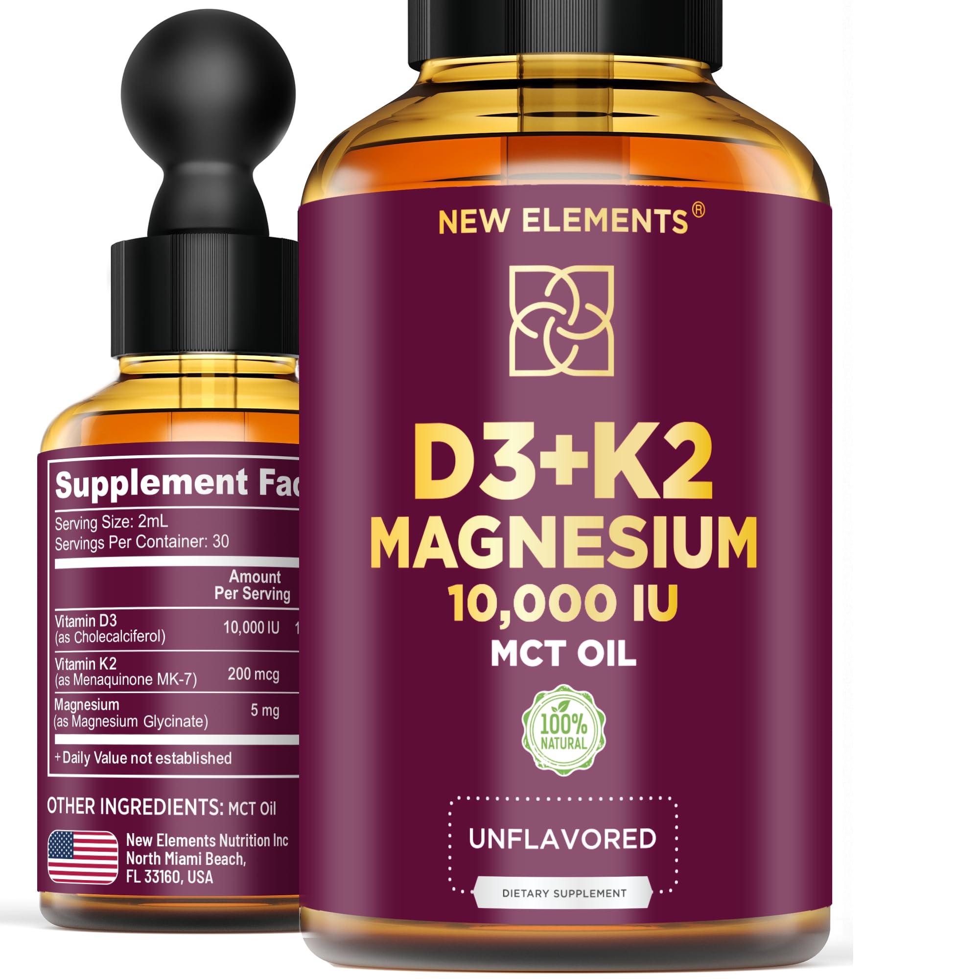 New Elements Liquid Vitamin D3 K2 10000IU with Magnesium Glycinate 5mg | VIT D3 K2 Drops for Adults | Mk7 Vitamin K2 100mcg | Vitamin D3 + K2 Supplement for Men & Women | Gluten Free | Non-GMO