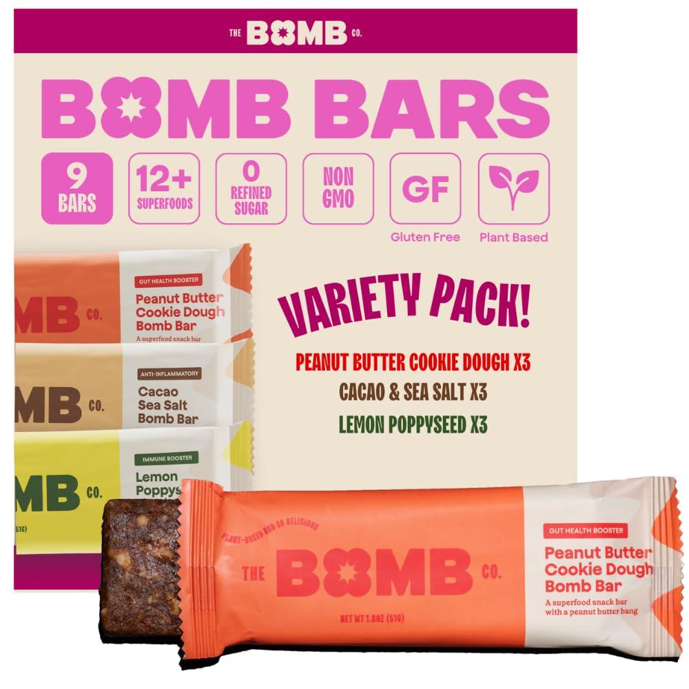 Blender Bombs The Bomb Co. Bomb Bars Variety Pack, Healthy Snacks, Plant Based Bars With Superfood & Super Seeds, On the Go Snack & Breakfast Bar, Energy Support, Gluten Free, Non GMO, Dairy Free, 9 Bars