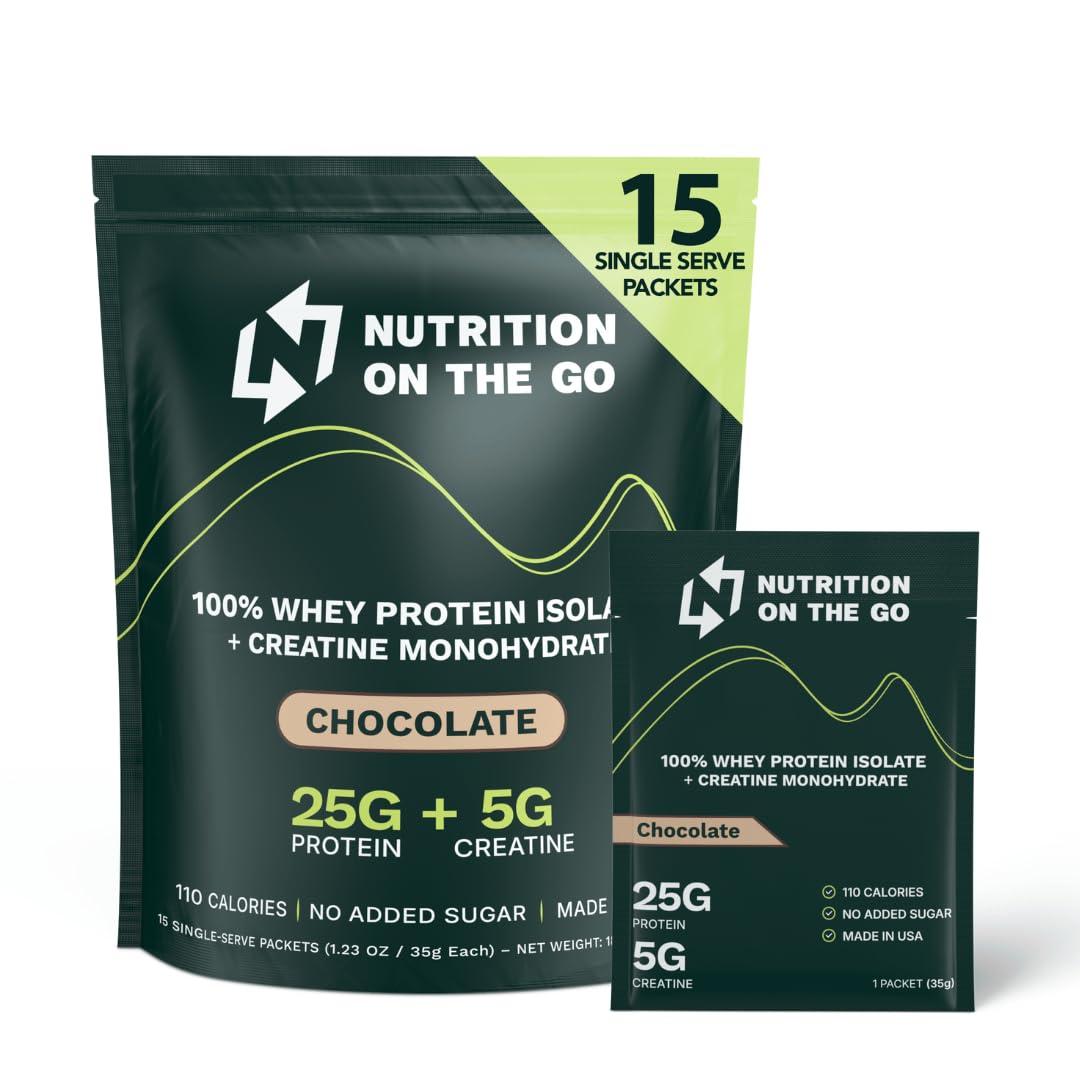 Nutrition On The Go Nutrition on the Go Chocolate Whey Protein Powder with Creatine - 25g Protein, 5g Creatine - Single-Serve Packets for Travel, On-the-Go - Gluten-Free, No Added Sugar - (15-Pack)