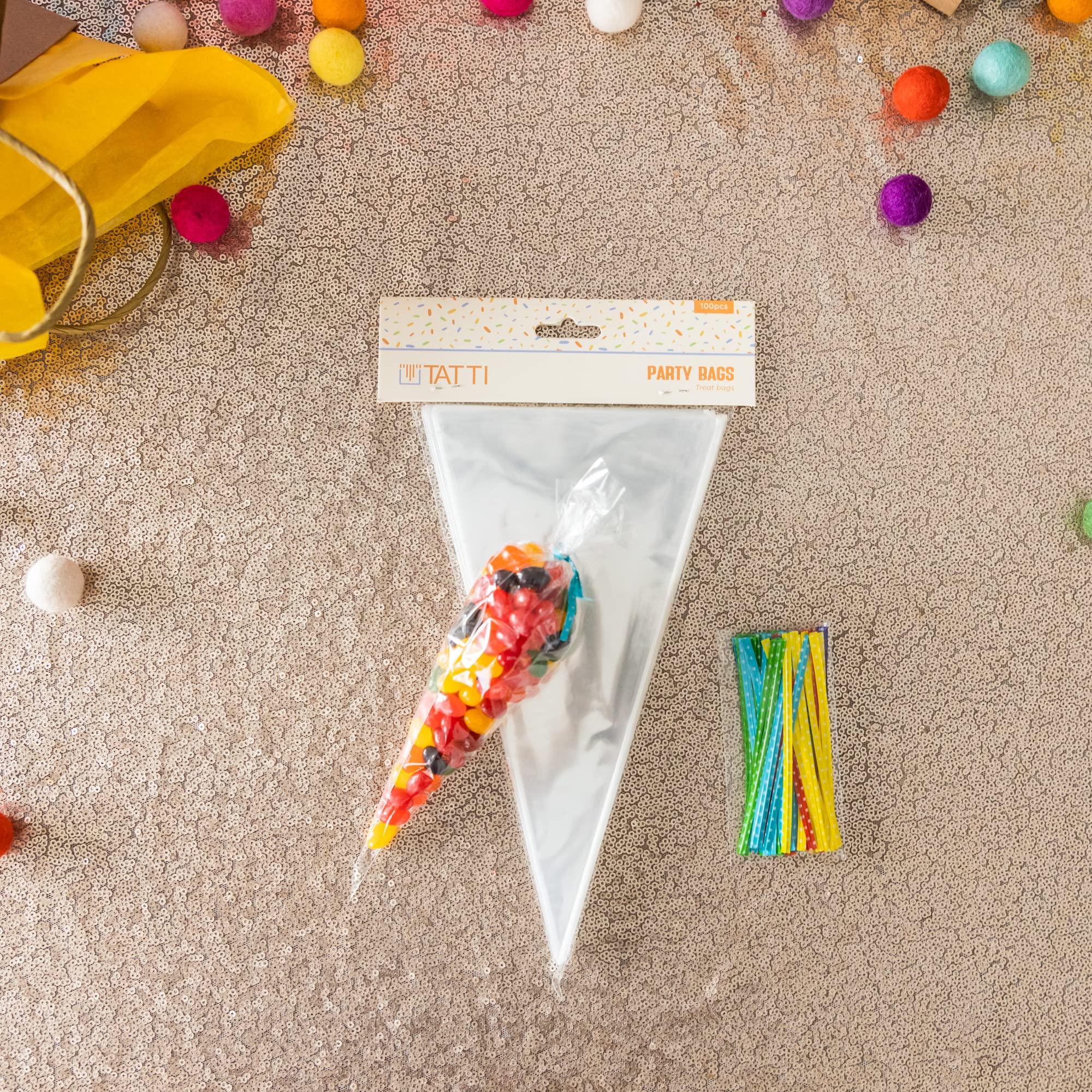 TATTI Cone Cellophane Bags,100 PCS 5.1\"x9.8\" Cello Clear Cone Shaped Treat Bags with Twist Ties, Plastic Cone Bags Triangle Bags for Popcorn Favor Candy