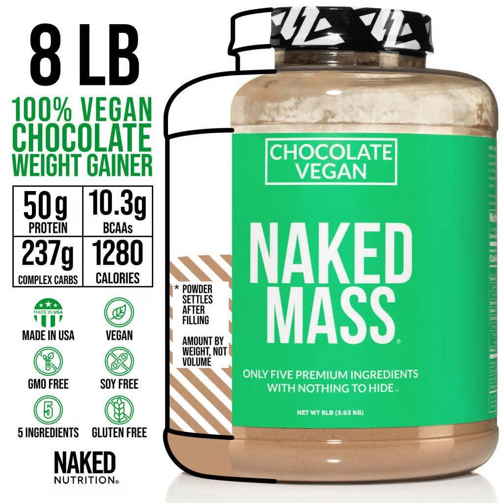 NAKED nutrition NAKED Mass - Chocolate Vegan Weight Gainer - 8Lb Bulk, GMO Free, Gluten Free, Soy Free & Dairy Free. No Artificial Ingredients - 1,280 Calories - 11 Servings