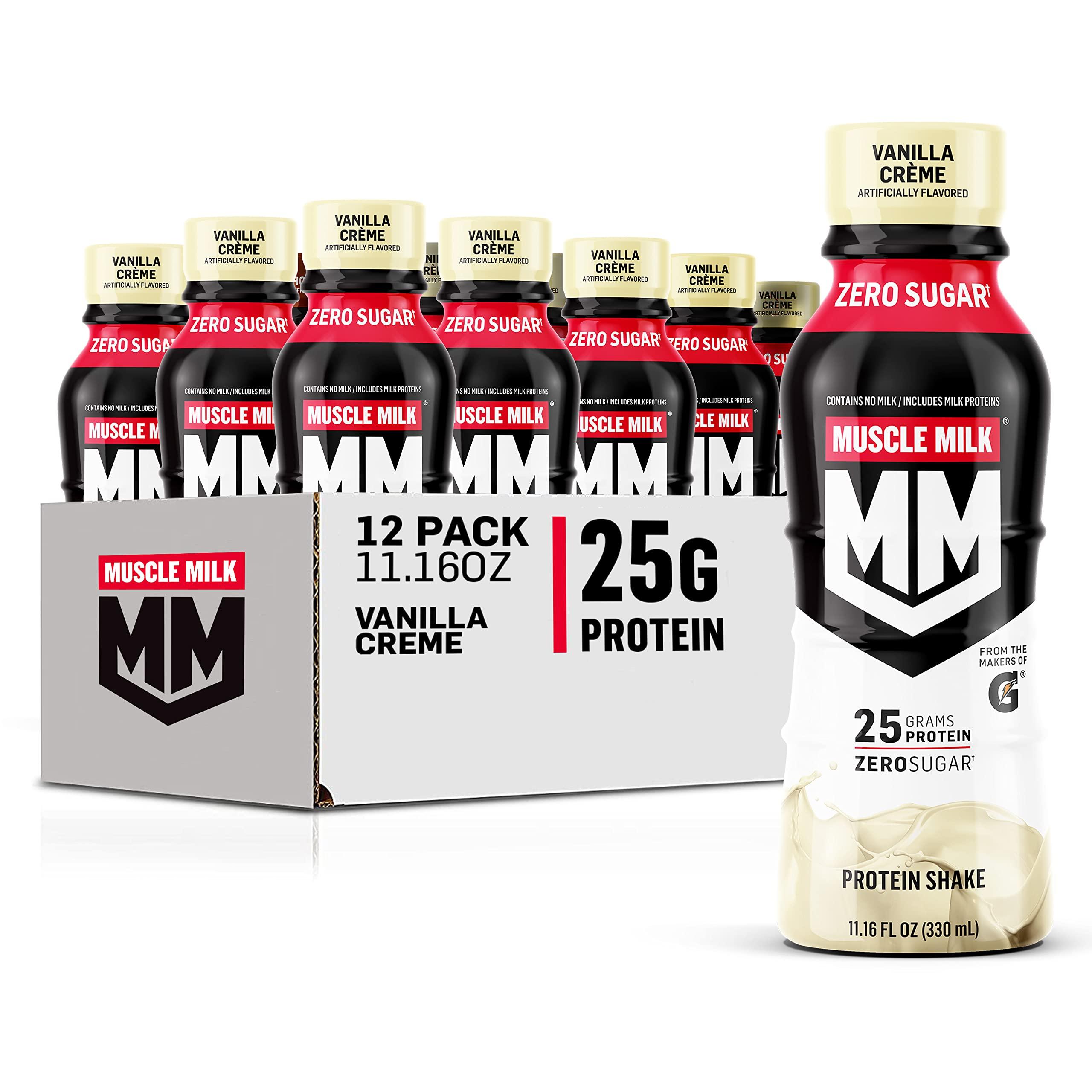 Muscle Milk Muscle Milk Genuine Protein Shake, Vanilla Creme, 11.16 Fl Oz Bottle & Zero Protein Shake, Chocolate,20g Protein, Zero Sugar