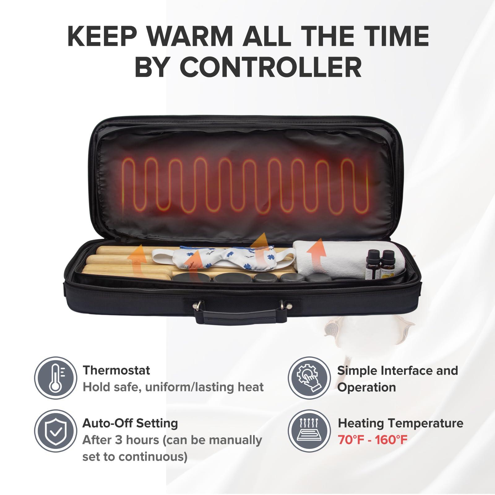 Goodtar Goodtar Hot Bamboo Massage Kit - Portable Massage Stone Warmer Bamboo Massage and Rocks w/Digital Temp Controller, Car Adapter (Duble-Sided Heating Black)
