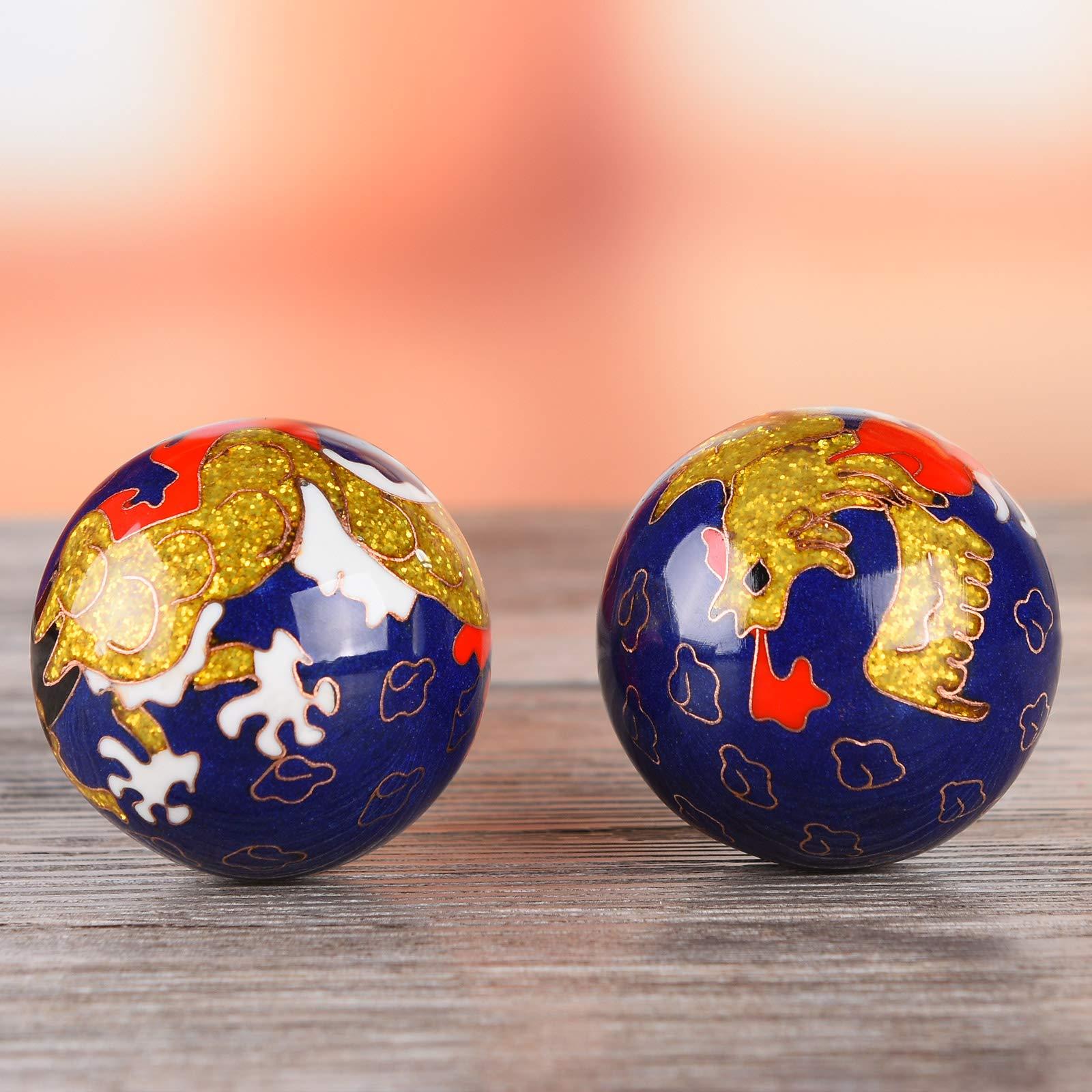 BRABUD 1.97'' Baoding Balls Hand Exercise Stress Balls with Chimes Dragon&Phoenix Pattern Blue Balls with Box Parents Gift TQZDBS81