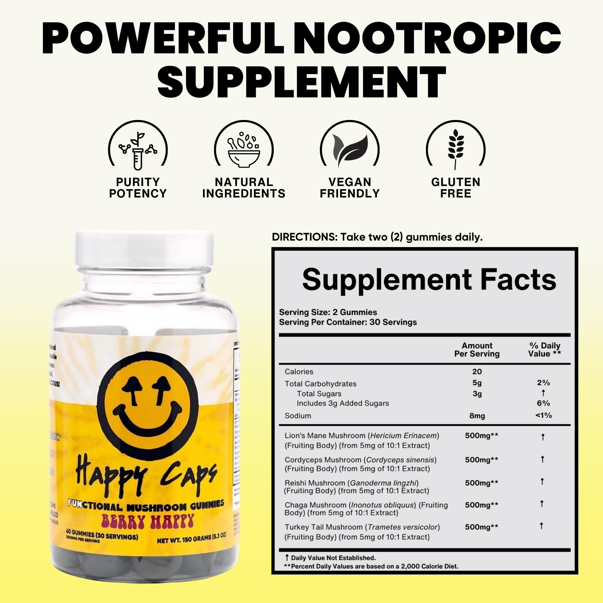 Happy Caps Happy Caps Functional Mushroom Gummies - Lions Mane, Cordyceps, Chaga, Reishi - Immune System Booster & Nootropic Brain Supplement - 60 Gummies (1)