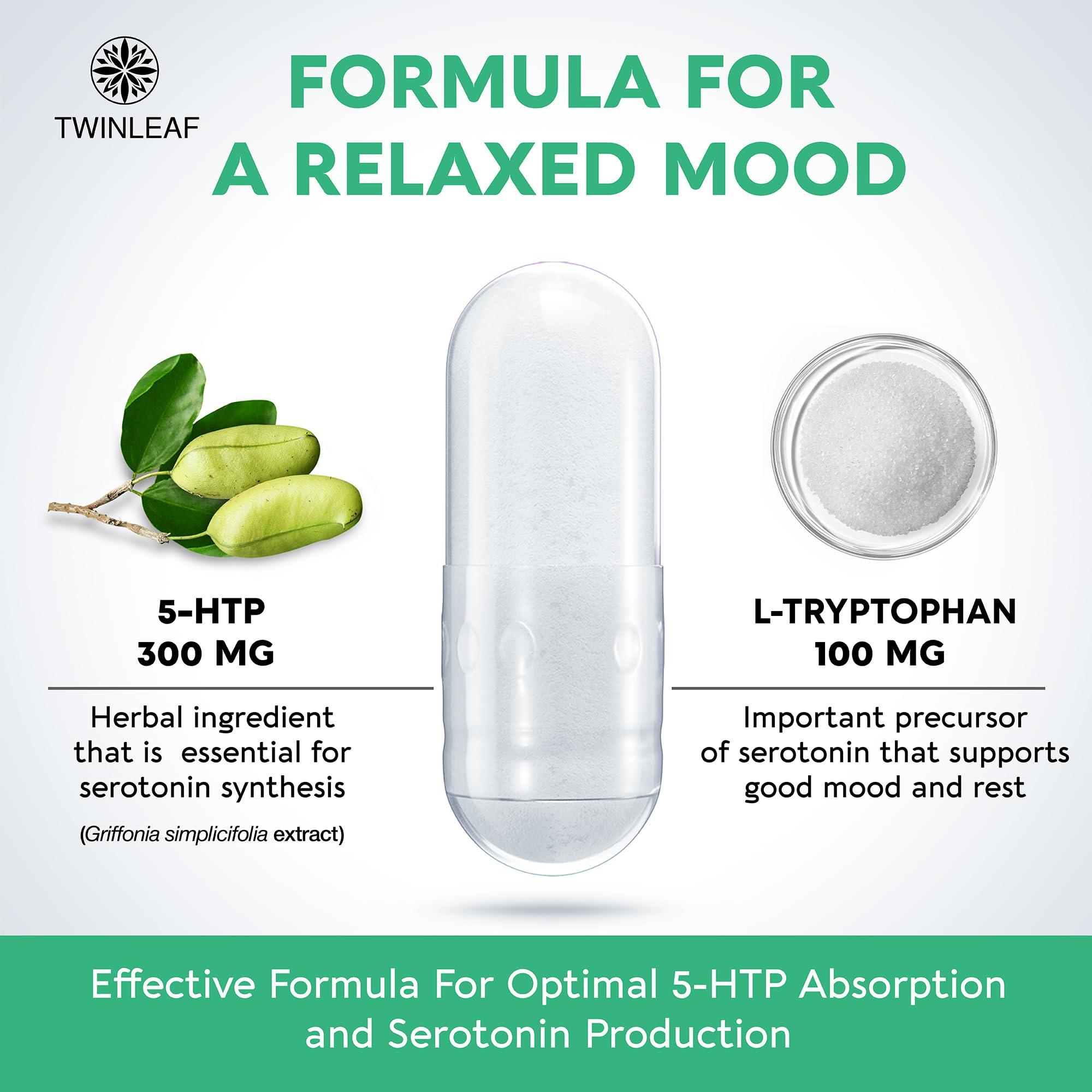 TWINLEAF TWINLEAF 5 HTP Supplement for Mood Support - Made in USA - Natural 5-HTP & L-tryptophan Capsules - 5-HTP Booster for Men & Women - Proprietary Formula for Mood and Relaxation - 60 Vegan Capsules