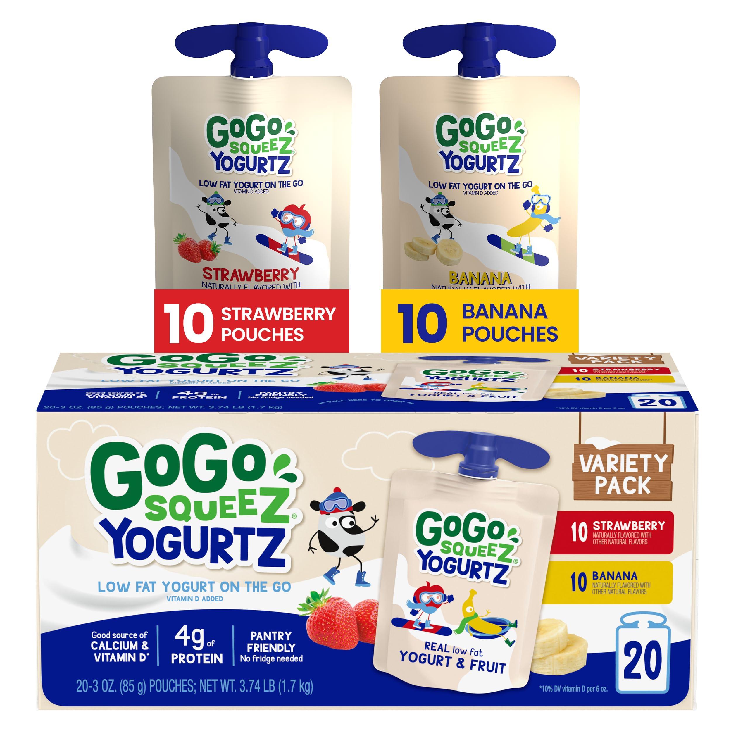 GoGo SqueeZ GoGo squeeZ yogurtZ Variety Pack, Strawberry & Banana, 3 oz (Pack of 20), Kids Snacks Made from Real Yogurt and Fruit, No Fridge Needed, Gluten Free, Nut Free, Recloseable Cap, BPA Free Pouches