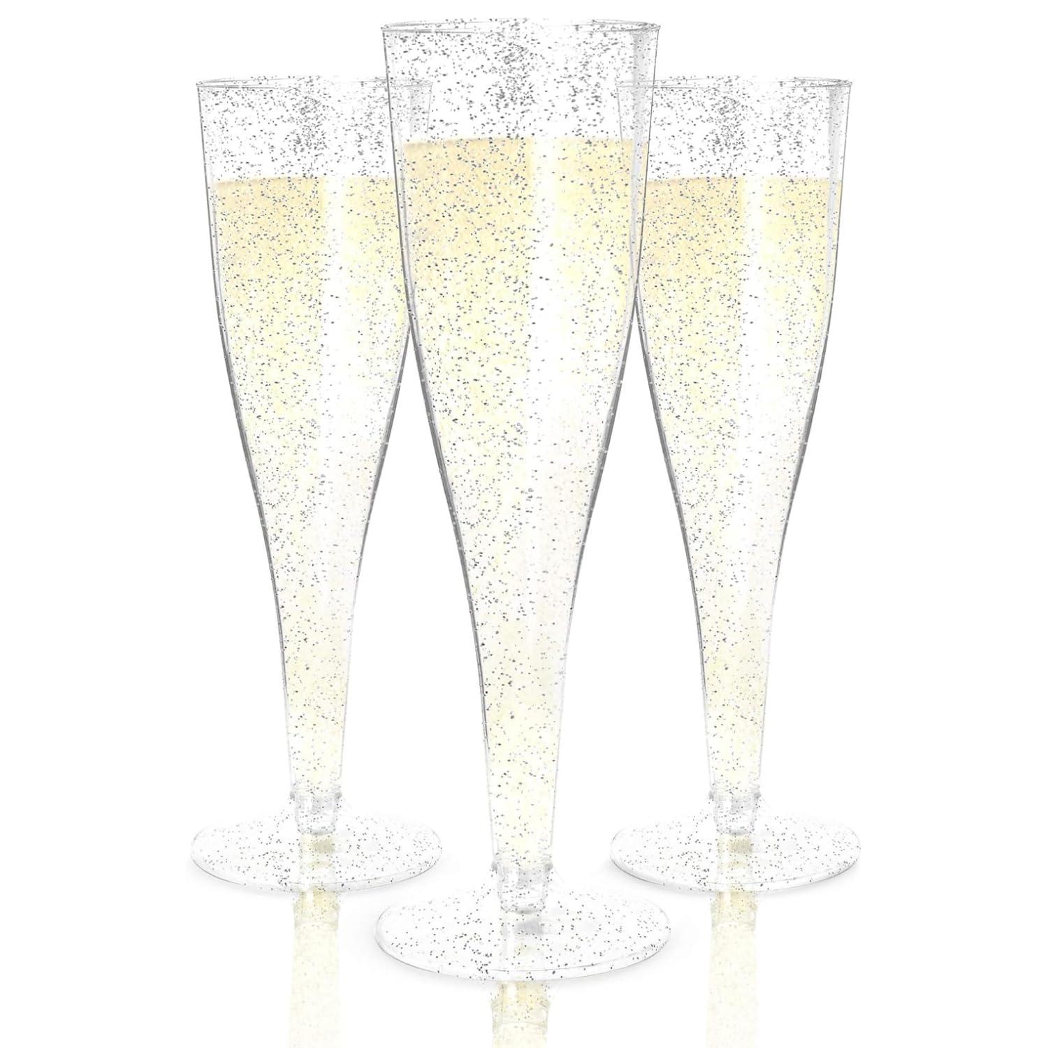 Prestee Prestee 24 Champagne Flutes Plastic | Disposable Champagne Flute | Silver Glitter Plastic Champagne Glasses for Parties | Mimosa Bar, Wedding, Shower Party, New Years Eve Party Supplies 2024 (Silver)