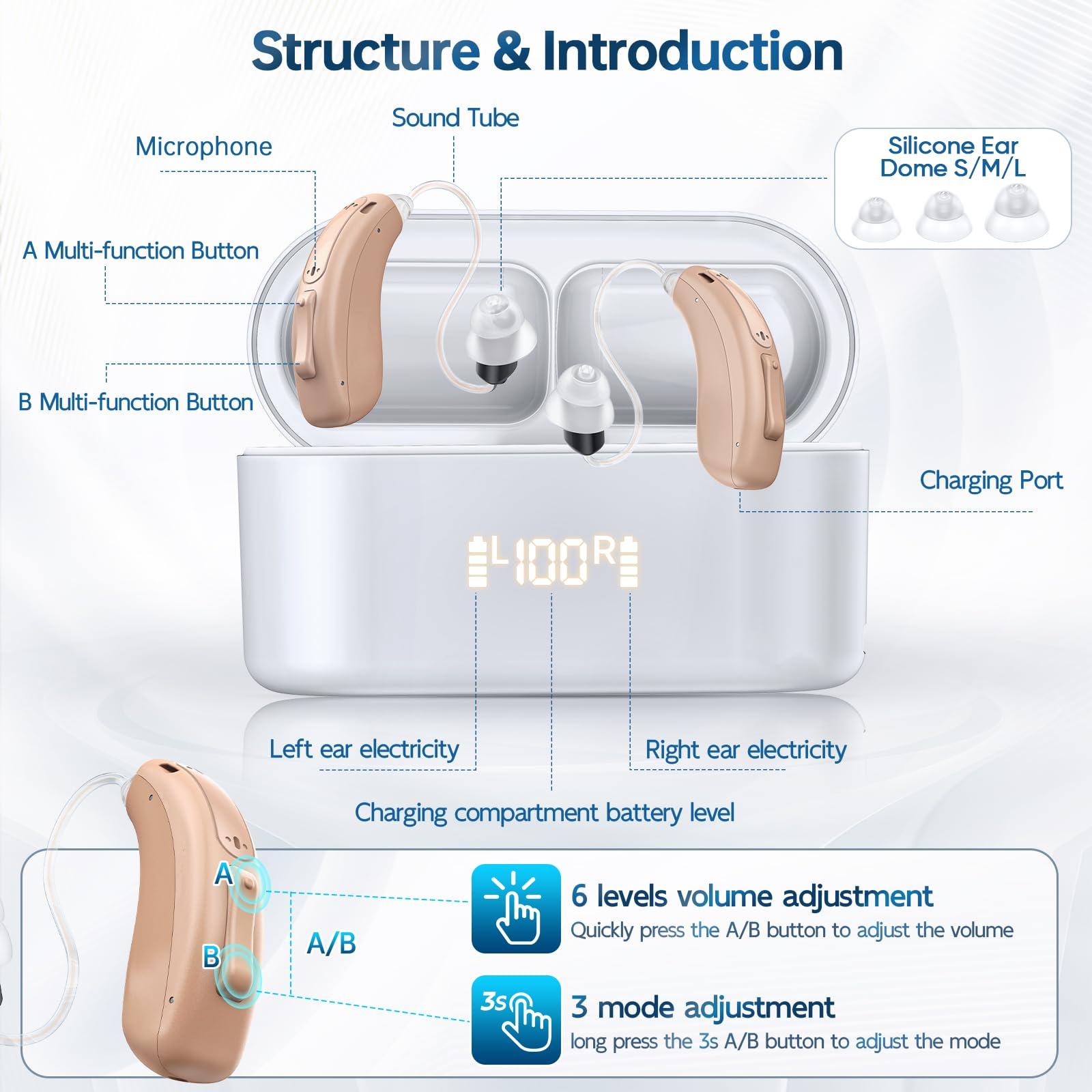 ackture Hearing Aids, RIC Rechargeable Hearing Aids for Seniors Adults with Noise Cancelling, Behind-The-Ear 16-Channel Digital Invisible Hearing Amplifier Devices with LED Charging Case for Moderate to Severe Hearing Loss