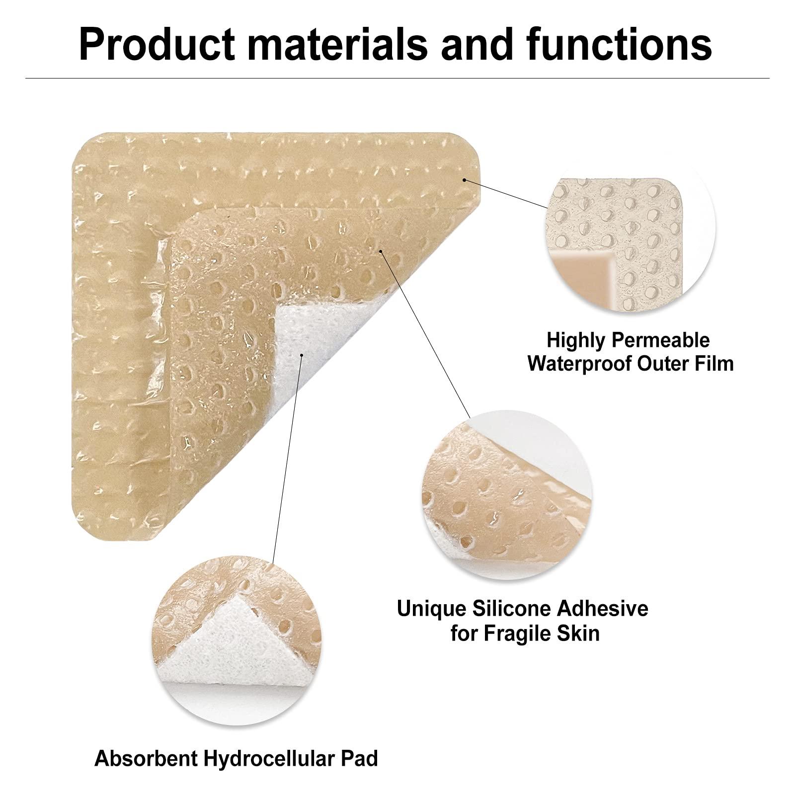 CARBOU Carbou Silicone Foam Dressing with Adhesive Gentle Border,10 Pcs 4\"x4\" and 5 Pcs 2\"x 2\"Adhesive Waterproof and High Absorbency Square Wound Care Dressing Bandage for Pressure Sore, Leg Ulcer, Diabet