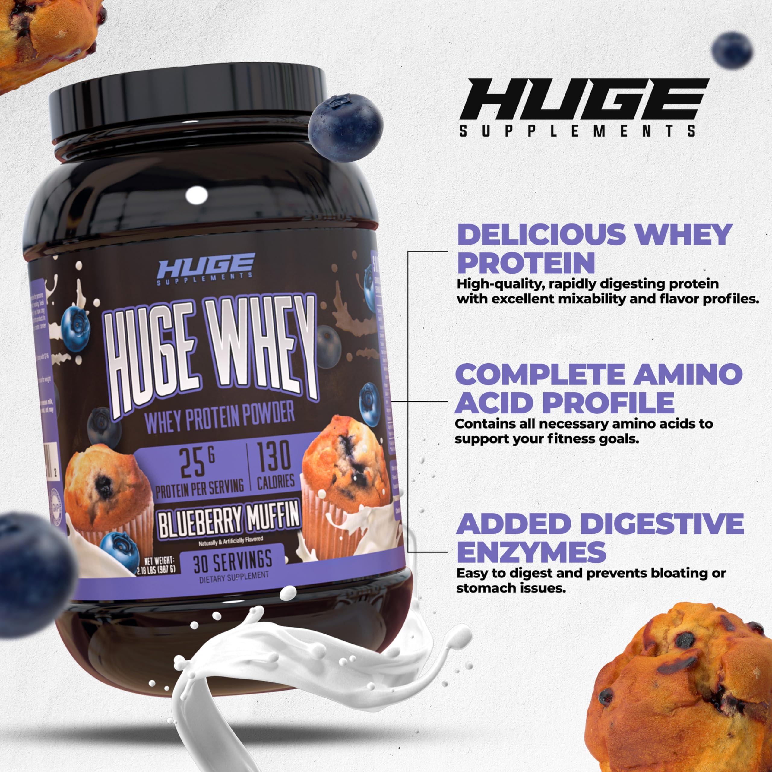 Huge Supplements Huge Whey, Protein Powder for Muscle Gain, 25g Protein, 12g EAAs, Supports Muscle Growth, Performance & Recovery (Blueberry Muffin, 30 Servings)