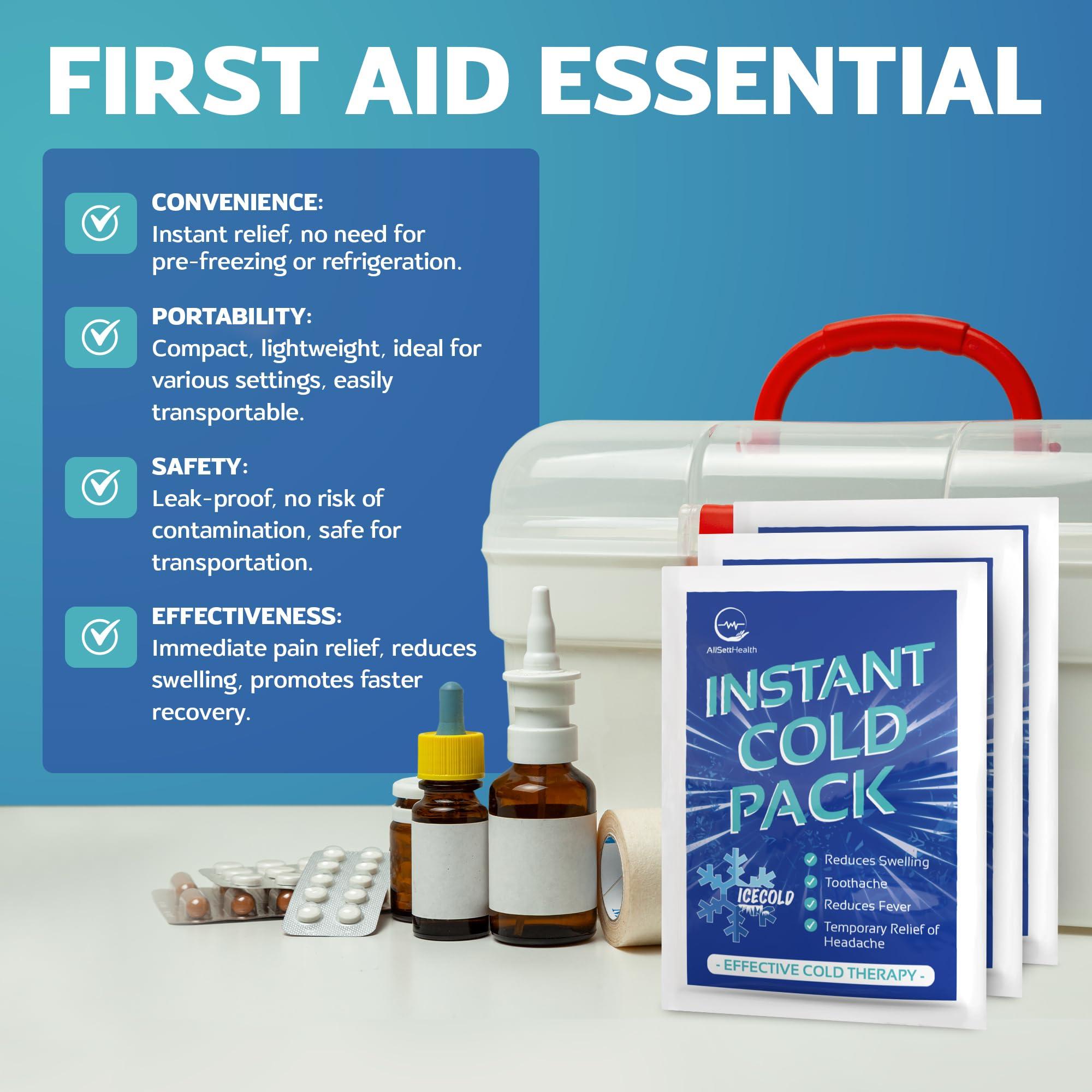 AllSett Health Instant Ice Cold Pack (6 x 4.5) - 100 Packs Disposable Instant Ice Packs for Injuries | Cold Compress Ice Pack for Pain Relief, Swelling, First Aid, Toothache, Athletes & Outdoor Activities