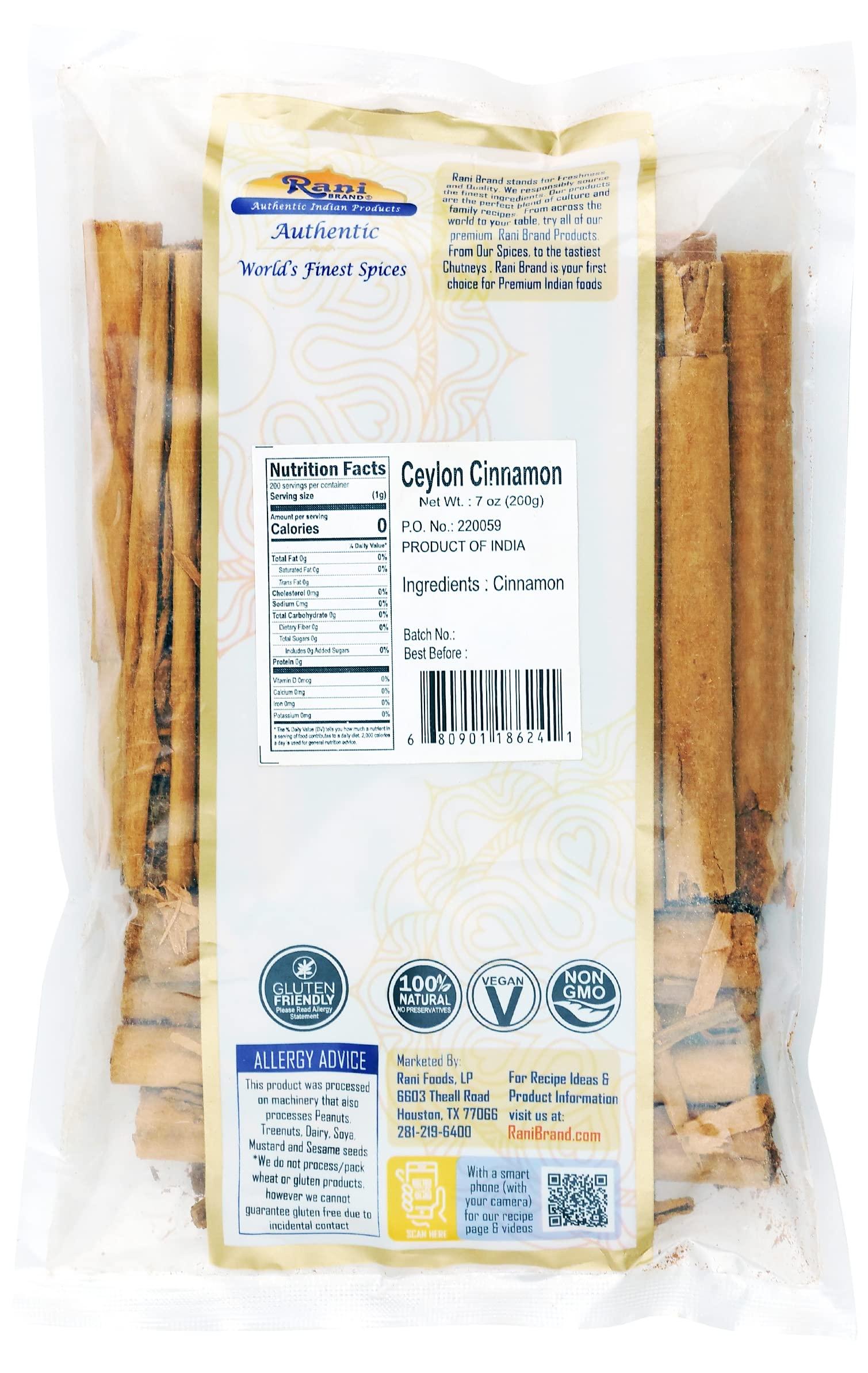 Rani Brand Authentic Indian Products Rani Ceylon Cinnamon Sticks 7oz (200g) ~ 20-24 Sticks 5 Inches in Length, True Ceylon Cinnamon (Not Cassia) ~ All Natural | Vegan | No Colors | Gluten Friendly | NON-GMO | Kosher | Product of Vietnam