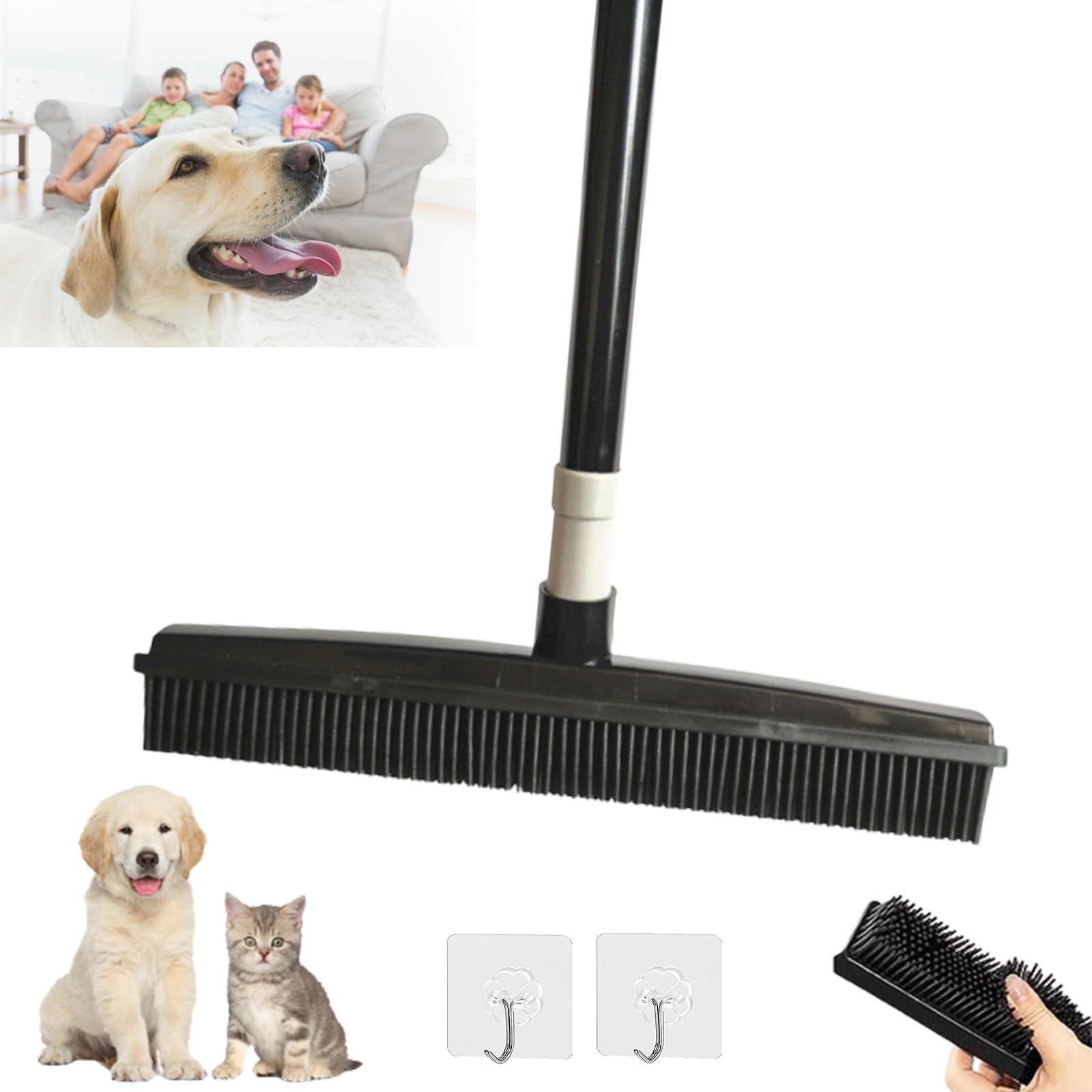 RJDJ Indigopetco Pet Hair Removal Broom, Pet Hair Removal Tool, Multi-Surface Squeegee Rubber Broom, Rubber Broom Pet Hair Remover, Extendable Pet Hair Remover Broom for Carpet, Mats,Couch (Black)