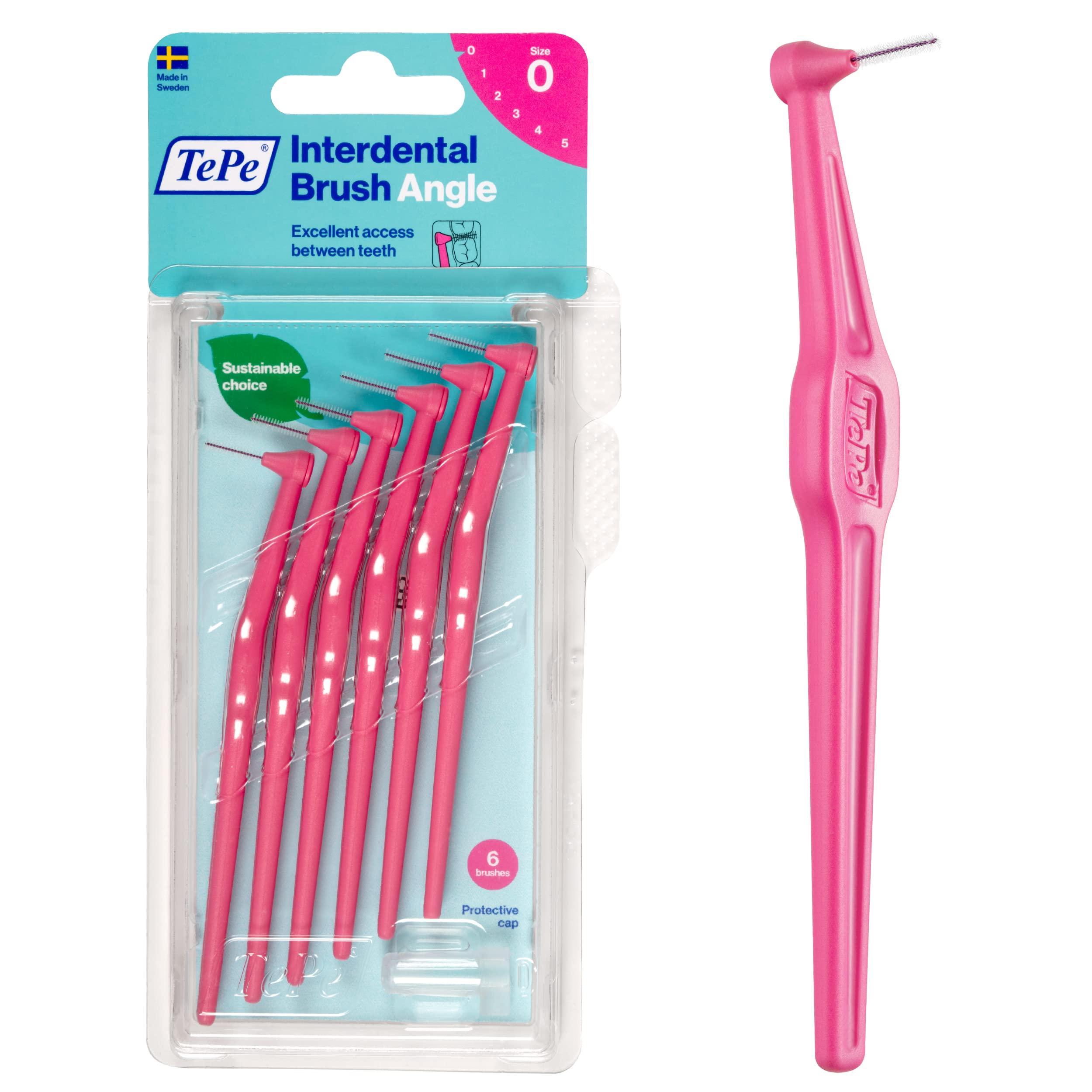 TEPE TEPE Interdental Brush Angle, Angled Dental Brush for Teeth Cleaning, Pack of 6, 0.40 mm, Extra-Small/Small Gaps, Pink, Size 0